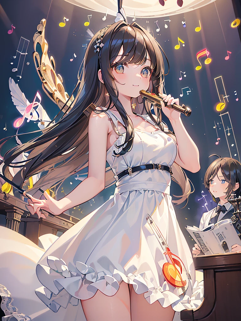 ((masterpiece, best quality, extremely detailed, absurdres)), 1pretty girl, (swept bangs:1.8), (Many glowing musical notes flying in the air:1.6), quaver, 16th Note, Diva, Wedding dress, Black Hair, Seaside church, smile, cowboy shot,