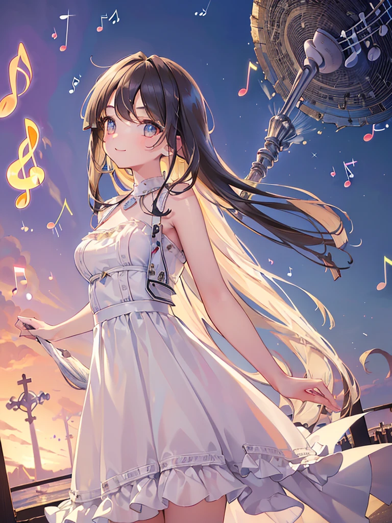 ((masterpiece, best quality, extremely detailed, absurdres)), 1pretty girl, (swept bangs:1.8), (Many glowing musical notes flying in the air:1.6), quaver, 16th Note, Diva, Wedding dress, Black Hair, Seaside church, smile, cowboy shot,
