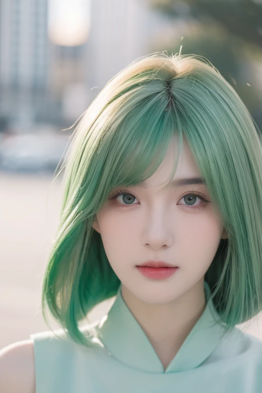 Young girl,masterpiece, highest quality, 8k ultra, cute but icy , beautiful peach lips, very detailed face, eyes and skin, wolf cut hairstyle, no smile, beautiful green hair, green eyes,silk Tang dress, wolf cut