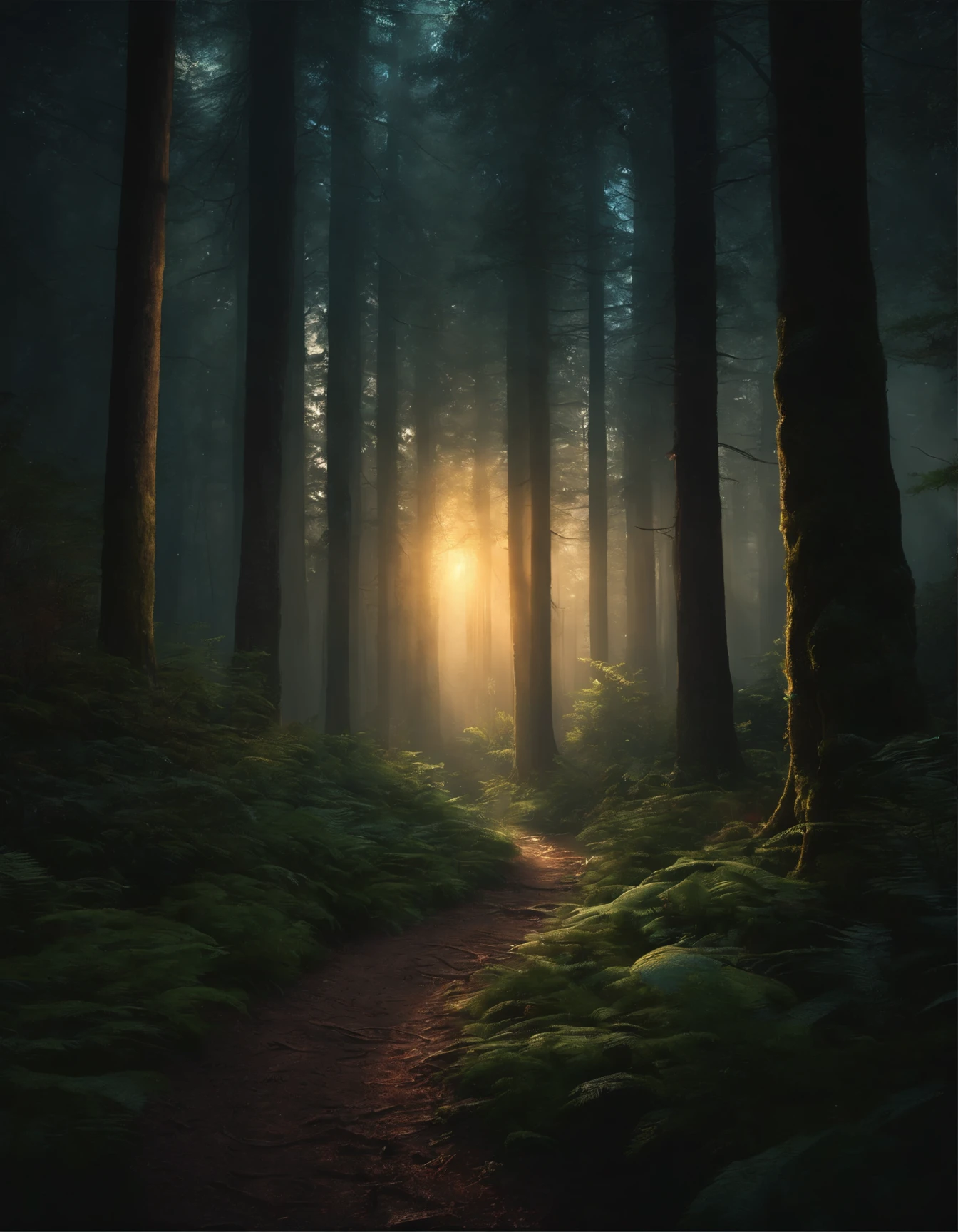 a painting of a path in the woods with glowing lights, dan mumford. maya render, bioluminescent forest floor, by Dan Mumford, inspired by Andreas Rocha, dan mumford and albert bierstadt, by Justin Gerard, by Andreas Rocha, el bosco and dan mumford, glowing forest, dan mumford. concept art, magical fantasy forest, magic forest