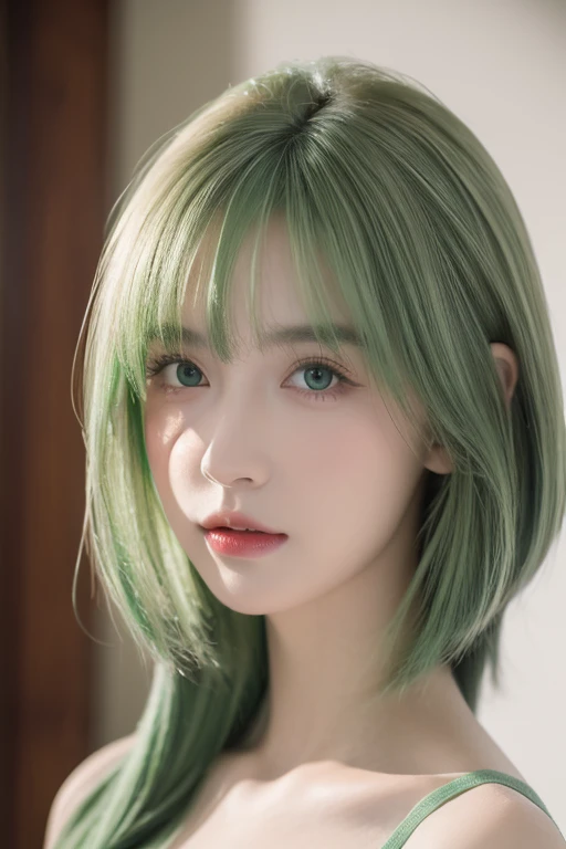 Young girl,masterpiece, highest quality, 8k ultra, cute but icy , beautiful peach lips, very detailed face, eyes and skin, wolf cut hairstyle, no smile, beautiful green hair, green eyes,silk Tang dress, wolf cut