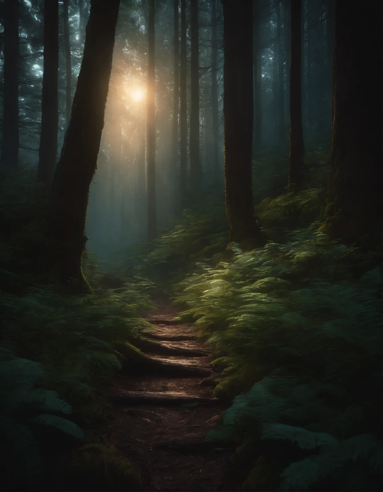 a painting of a path in the woods with glowing lights, concept art by Dan Mumford, trending on cgsociety, fantasy art, dan mumford. maya render, bioluminescent forest floor, dan mumford and albert bierstadt, el bosco and dan mumford, glowing forest, dan mumford. concept art, magical fantasy forest, magic forest, painting by dan mumford