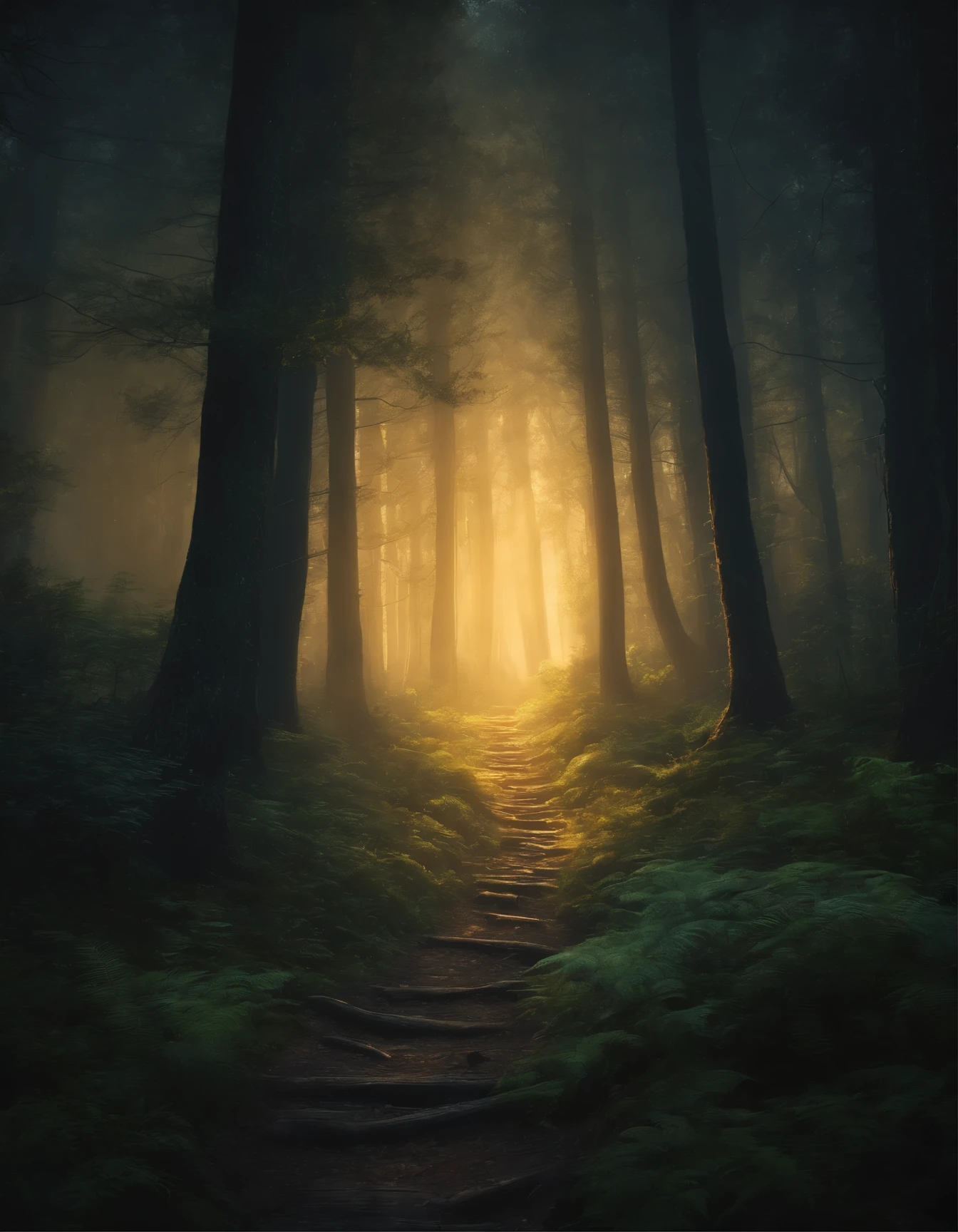 a painting of a path in the woods with glowing lights, concept art by Dan Mumford, trending on cgsociety, fantasy art, dan mumford. maya render, bioluminescent forest floor, dan mumford and albert bierstadt, el bosco and dan mumford, glowing forest, dan mumford. concept art, magical fantasy forest, magic forest, painting by dan mumford