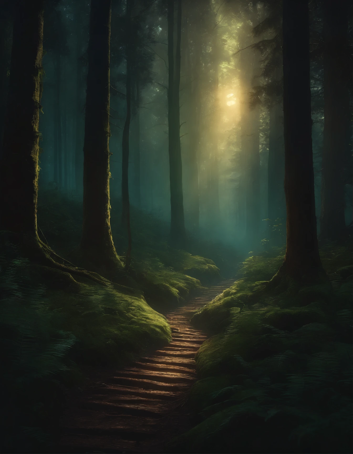 a painting of a path in the woods with glowing lights, dan mumford. maya render, bioluminescent forest floor, by Dan Mumford, inspired by Andreas Rocha, dan mumford and albert bierstadt, by Justin Gerard, by Andreas Rocha, el bosco and dan mumford, glowing forest, dan mumford. concept art, magical fantasy forest, magic forest