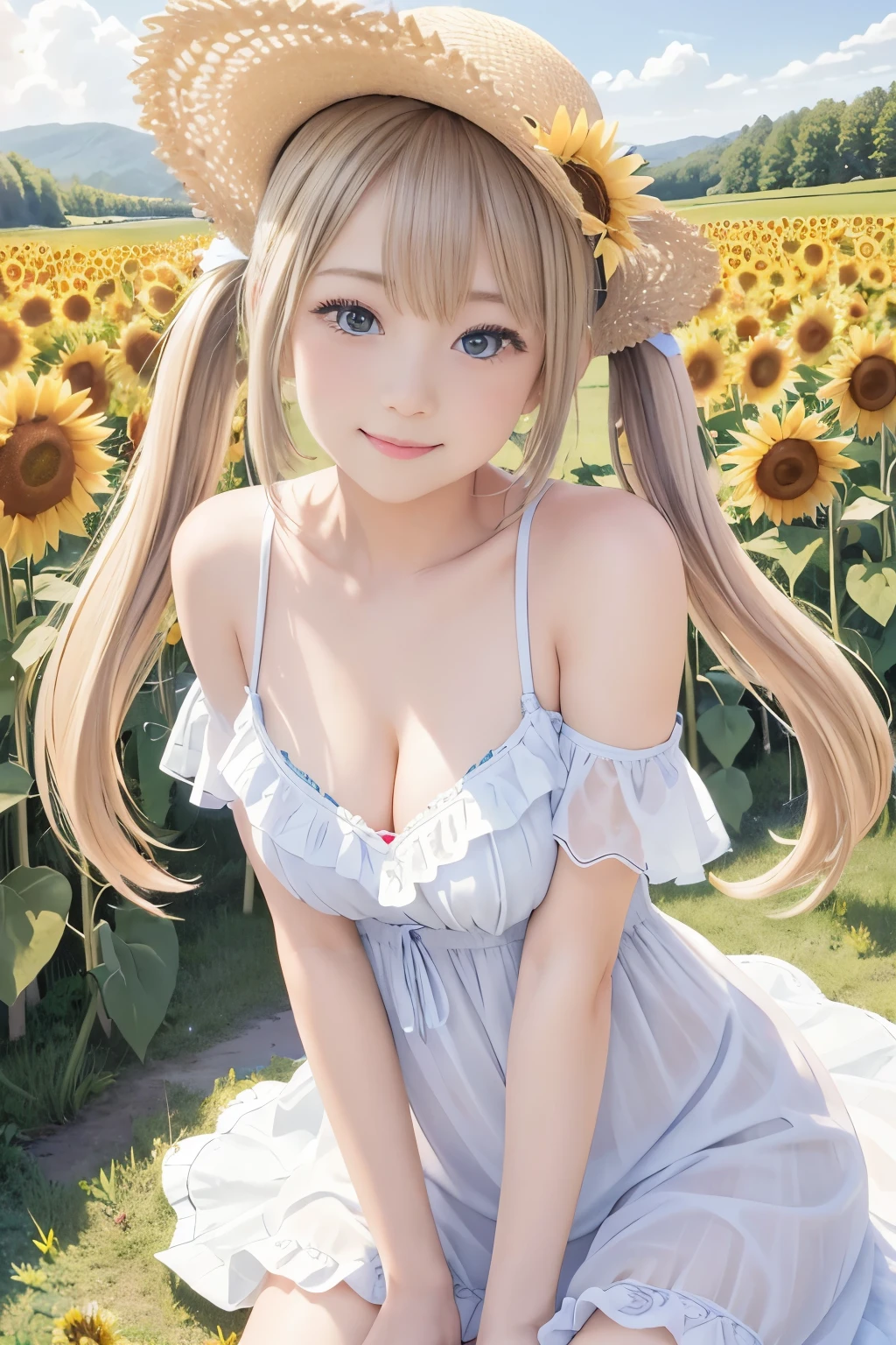 (8k, RAW Photos, Realistic, photo-Realistic:1.5), masterpiece, highest quality, High resolution, Very detailed, Detailed Background, Cinema Lighting, Dynamic Angle, Lens flare, dramatic, One girl, pretty girl, alone, Wind, Light blonde hair, blue eyes, Very long twin tails, White Hat, blue null, smile, Flying petals, flowery Field, null, sunflower, sun, Field, Fractal Art,Beautiful thighs、Nude Ruffle Summer Dress