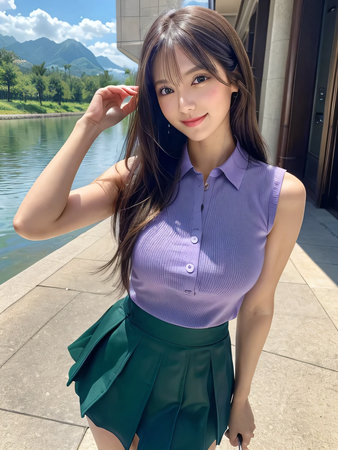 (masterpiece:1.2, highest quality), (Realistic, photoRealistic:1.4), Beautiful illustrations, (Natural Side Lighting, Cinema Lighting), 
View Viewer, Cowboy Shot, Front view:0.6, 1 girl, Japanese, high school girl, Perfect Face, Cute and symmetrical face, Shiny skin, 
(Long Hair:1.8, Drill Hair:1.7, Dark brown hair), Hair between the eyes, Emerald green eyes, Long Eyelashes, (Big Breasts:0.9, Thick thighs), 
Beautiful Hair, Beautiful Face, Beautiful fine details, Beautiful clavicle, Beautiful body, Beautiful breasts, Beautiful thighs, Beautiful feet, Beautiful fingers, 
((Light purple sleeveless collared shirt, Black tight mini skirt, High heels)), Pink Panties, 
(Beautiful views), evening, River side, walk, Place your hand on your chest, (Cute smile, Upward glance), 