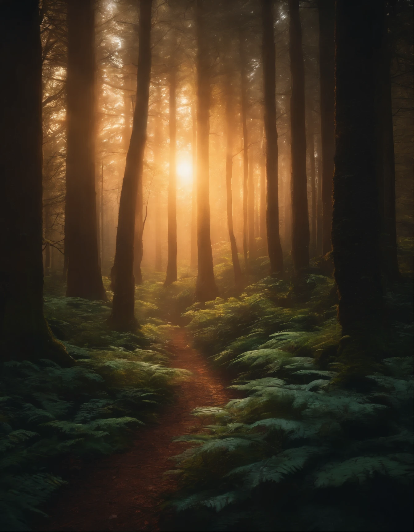 a painting of a path in the woods with glowing lights, concept art by Dan Mumford, trending on cgsociety, fantasy art, dan mumford. maya render, bioluminescent forest floor, dan mumford and albert bierstadt, el bosco and dan mumford, glowing forest, dan mumford. concept art, magical fantasy forest, magic forest, painting by dan mumford