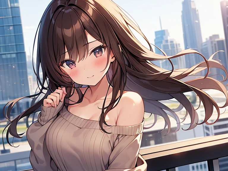 Masterpiece, Top quality, (1 beautiful girl:1.2), Brown Hair, forehead, medium hair, straight hair, 16 year old, standard weight, medium breasts, off shoulder sweater, (happy:1.2), blush, beautiful scene of city, blurry background, magnificent panorama view, dynamic pose