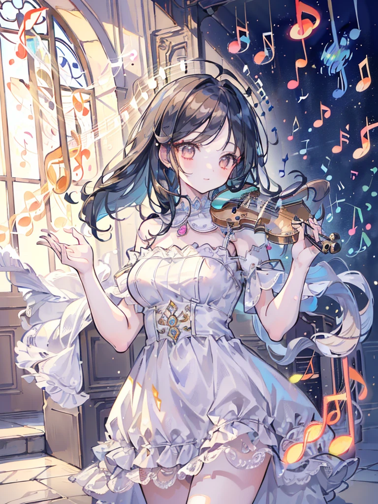 ((masterpiece, best quality, extremely detailed, absurdres)), 1pretty girl, (swept bangs:1.8), (Many glowing musical notes flying in the air:1.6), quaver, 16th Note, Diva, Wedding dress, Black Hair, Seaside church, smile, cowboy shot,