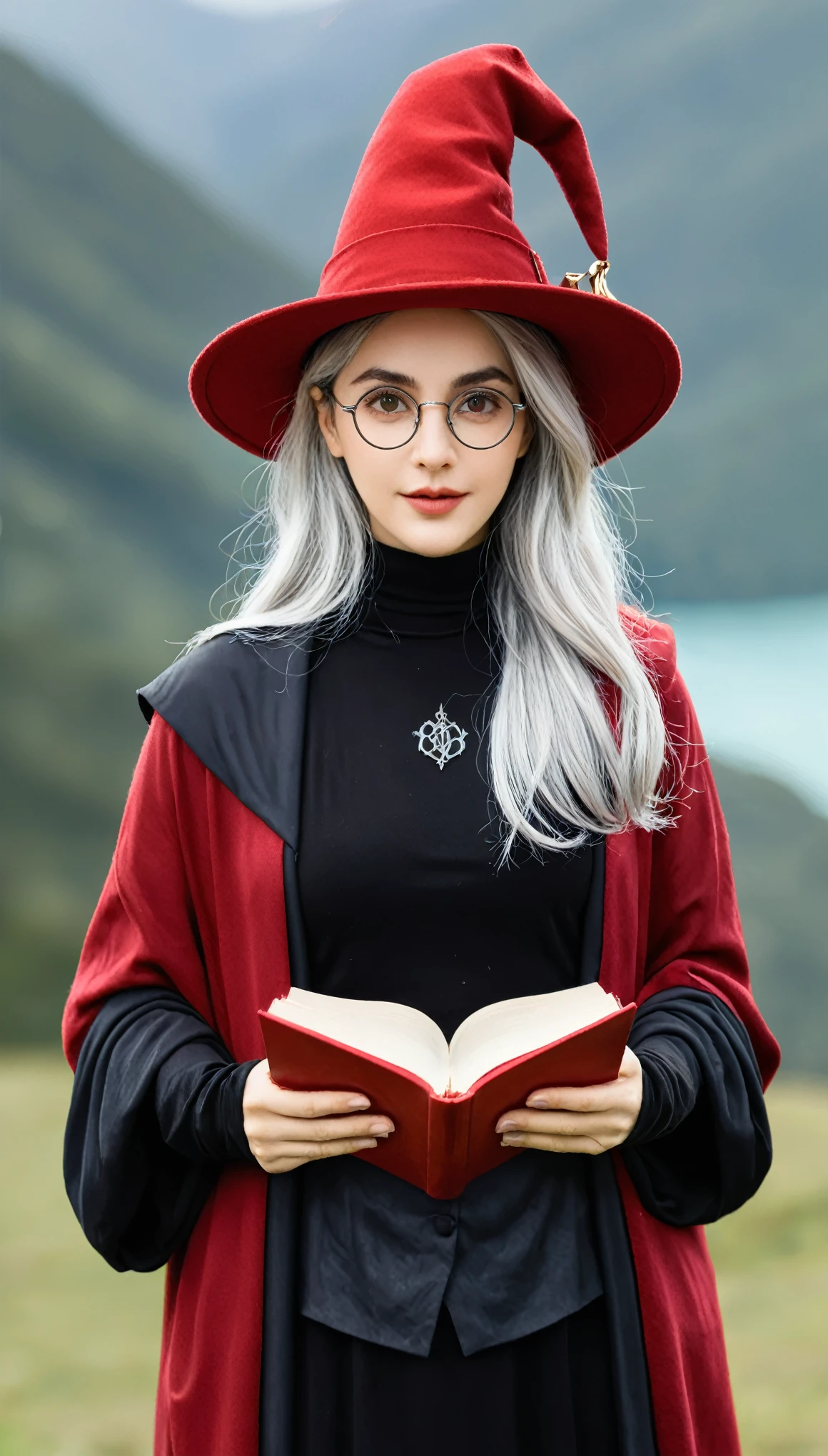 Woman in red hat and glasses holding a book,silver hair,she wears Harry Potter glasses, Maya Ali as D&D sorceress, holding spell book, dressed as witch, D&D magician, wearing a red wizard hat.