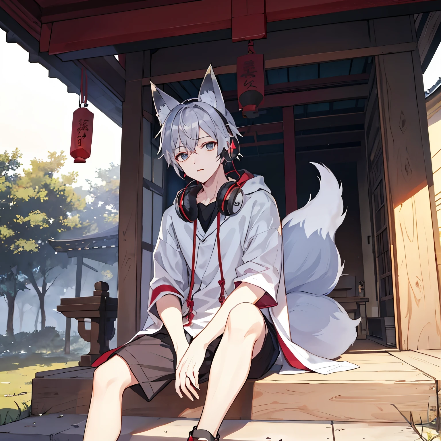 boy、handsome、male、Sitting on the veranda of a shrine temple listening to music with headphones、one person、((male性))、youth、((Fox ears))、Silver Hair、Fox ears、Fox's Tail、kimono、Japan、Lo-fi anime style