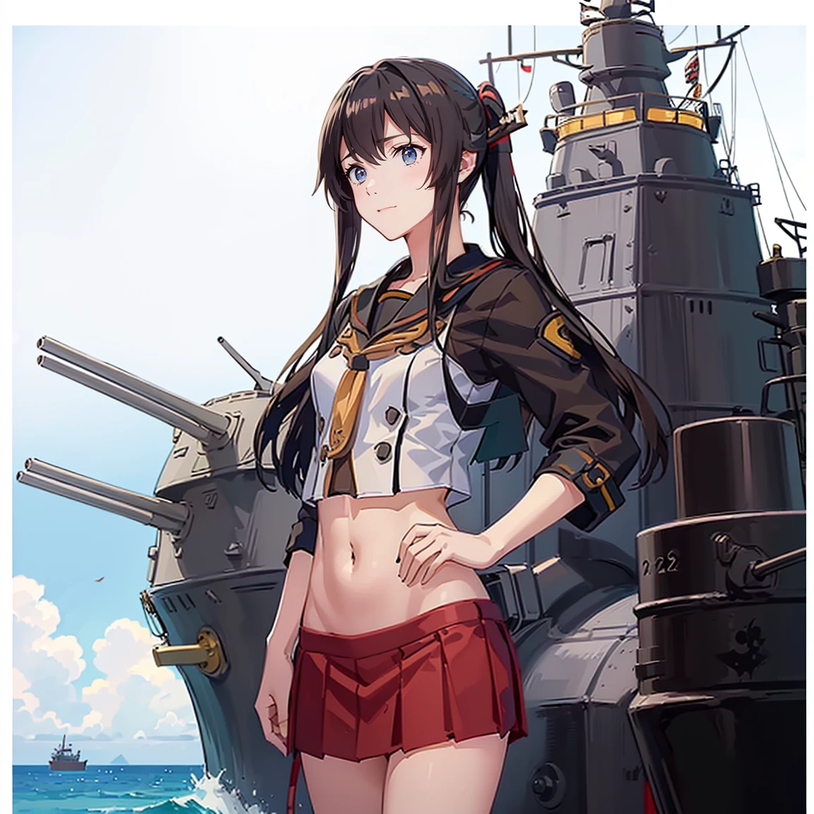 (( Fleet Collection、Kantai Collection、Yamato and Yahagi、standing,multiple views、)),((Sailor suit、belly button、,Red plate skirt))、woman,Full body photo, ((white background. White bed in a love hotel))) Best image quality, high quality, The background is clear，きれいなwoman, Japanese, detailed, detailed eyes, detailed skin, Beautiful Skin, 超High resolution, (reality: 1.4),とても美しいwoman, A  younger face, Beautiful Skin, thin, (Ultra-photorealism), (High resolution), (8k), (非常にdetailed) (Beautiful and detailed eyes), (非常にdetailed), (detailed face), Displaying the viewer, Fine details, detailed face, smile,Staring straight ahead, Staring straight ahead, Photo Real, Baby Ftyle: short hair,Brown Hair、smile,(((Sailor suit、belly button、,Red short skirt)))(Gaunt, Skinny,)(((Gaunt, flat chest, ,)))(,))hair over one eye, from below,　(((Fleet Collection、Kantai Collection、Yamato and Yahagi、standing,multiple views,)))