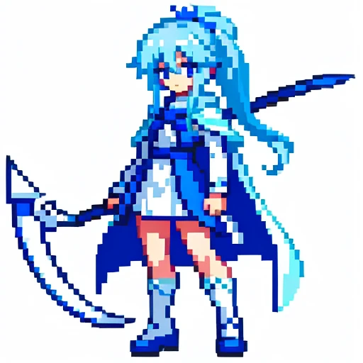Pixel art, full body, facing left (important), bright blue and white, holding a large scythe, magical girl, long ponytail, ribbon, loose clothing, cloak. Hair color: Soft, pale blue hair. Eye color: pink eyes. Clothes: Clothes based on white and blue. She wears a blue cloak over a white shirt and blue miniskirt. Accessories: Blue flower decoration on the right side of the hair. Weapon: A sickle with blue and white decoration.