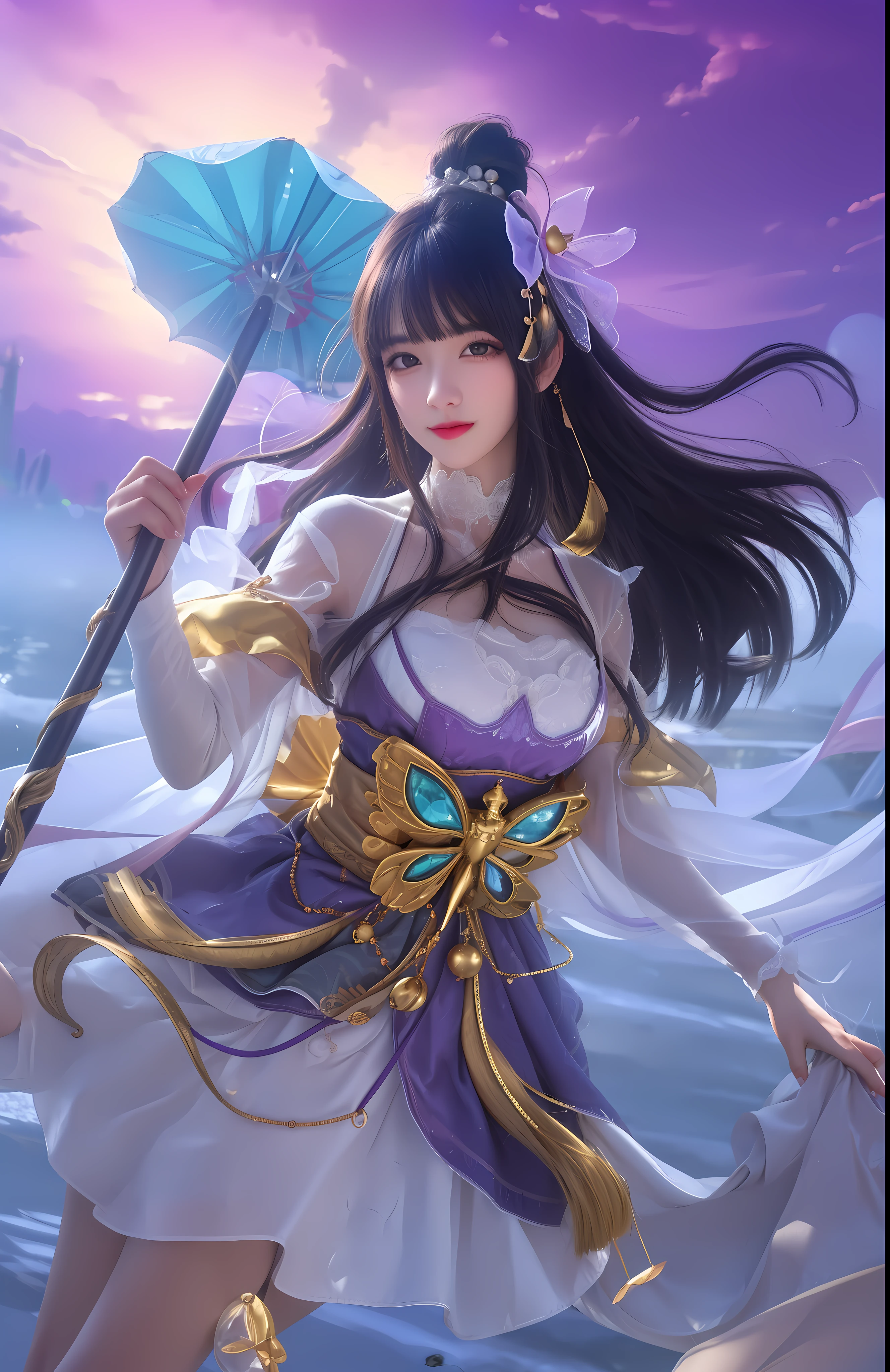 (8k, 4k, best quality, highres:1.2), (maasterpiece, realistic, photo realistic:1.37), 1girl, solo, beautiful face, eyelashes, nose, glossy lips, (detailed eyes, looking at viewer, fair skin, white skin:1.5), fine complexion, upper body, large breasts, busty,, (:1.5), outdoor onsen, two side up, absurdly long hair, blonde hair, pink hair, bangs, hair ornament, bow, younger, aged down
