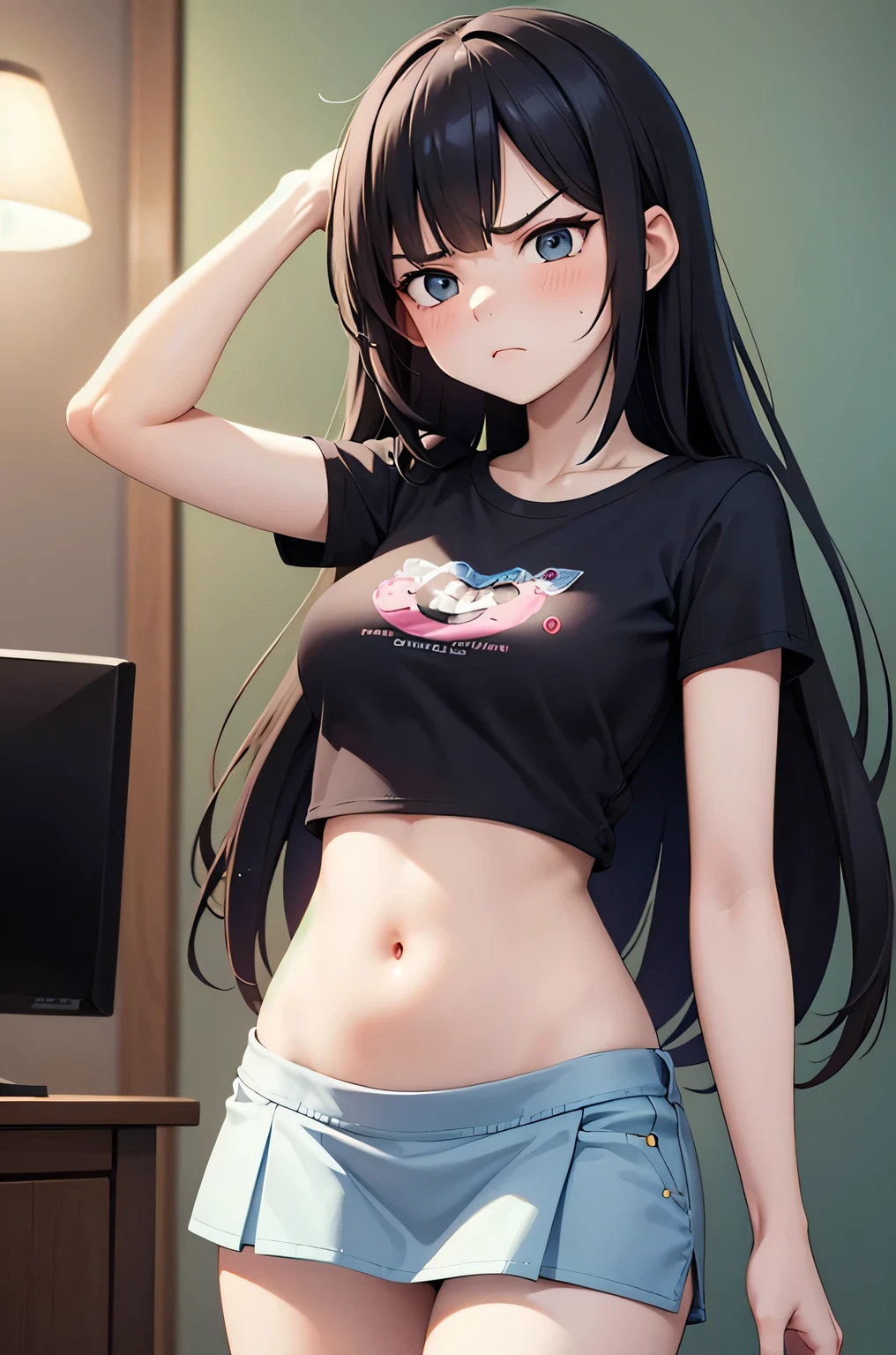super fine illustration, vibrant colors, masterpiece, sharp focus, best quality, depth of field, cinematic lighting, ultra detailed, short sleeves, t shirt, skirt, belly button, midriff, wide hips, 1 woman, home, solo, milf, long hair, slender, blush, annoyed, casual, mature female, tall body, looking down, sassy pose