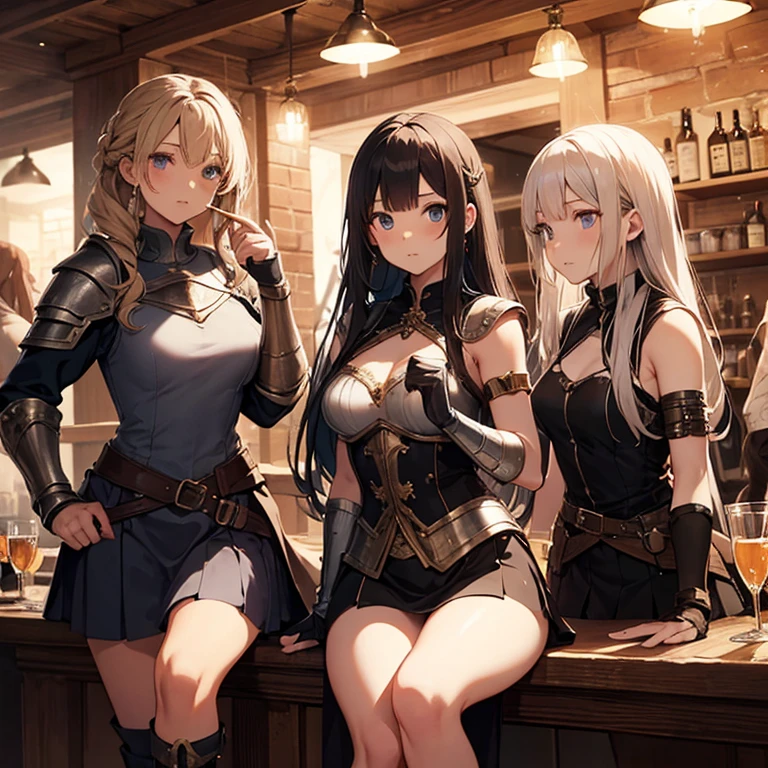 A group of female medieval fantasy adventurers, (in tavern), various hair styles, harem, night, details face, short skirt, seducing, sleeveless, armor