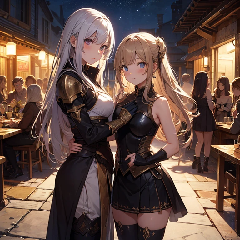 A group of female medieval fantasy adventurers, (in tavern), various hair styles, harem, night, details face, short skirt, seducing, sleeveless, armor