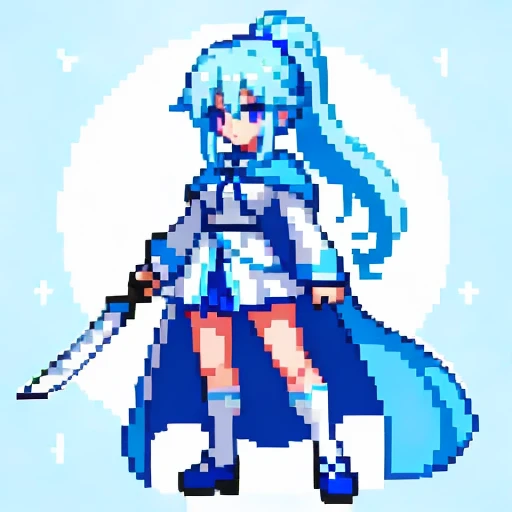 Pixel art, full body, facing left (important), bright blue and white, holding a large scythe, magical girl, long ponytail, ribbon, loose clothing, cloak. Hair color: Soft, pale blue hair. Eye color: pink eyes. Clothes: Clothes based on white and blue. She wears a blue cloak over a white shirt and blue miniskirt. Accessories: Blue flower decoration on the right side of the hair. Weapon: A sickle with blue and white decoration.