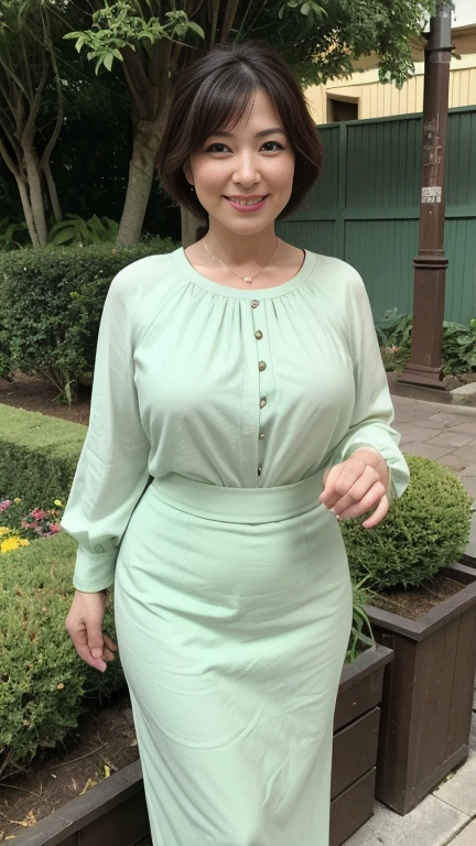 


最high quality, 8k, Vibrant, Sharp focus, high quality, High resolution, Middle-aged women, Mature Woman, 55 years old, (Whole Body Ezbian), (High heels facial detail, Highly detailed eyes, Plump figure、Plump face、((big 1.6))、(((Large Breasts)))、((Green Shirt))White Skirt　Black pumps、garden、Random Hairstyles、A kind smile、