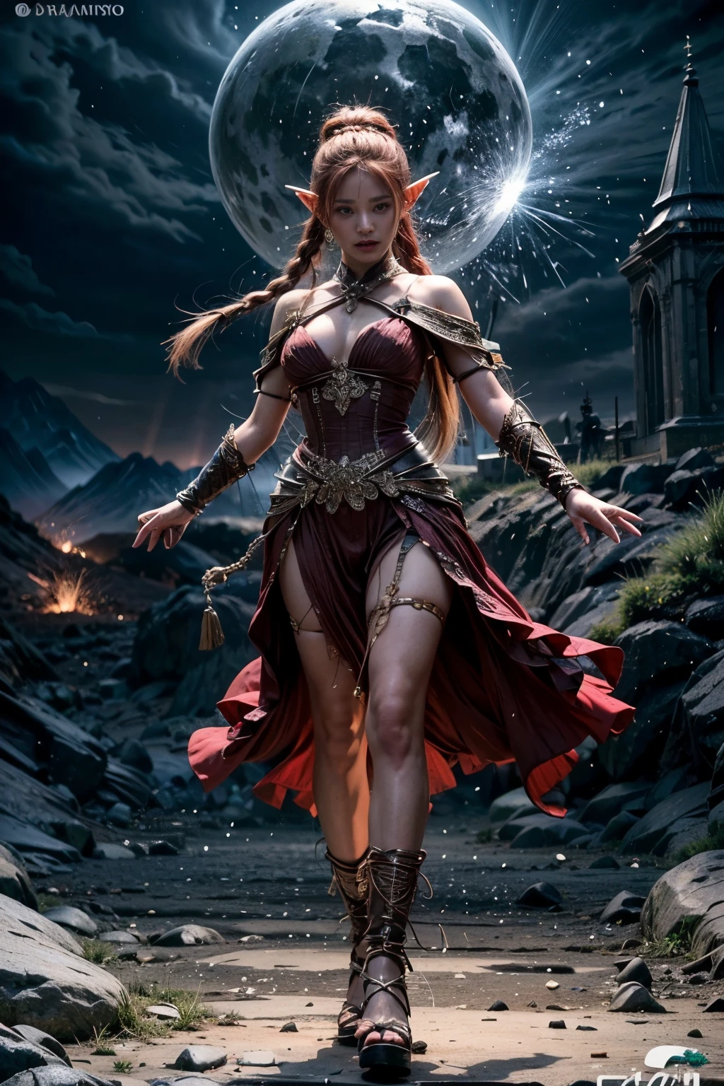 (main part, Realistic Portrait: 1.3), (Stunning image of an elven warrior with the appearance of Ariana Grande: 1.2), (extremamente bem definido, musculoso and female figure: 1.3), (red hair decorated with many braids: 1.3 ), (grosso, Sobrancelhas meticulosamente Moldadas:1.2), (symmetrical, Beautiful, e rosto impecavelmente perfeito:1.1), (vestido com um traje de guerreiro, Embracing your body:1.1), (In the background, an active volcano rises high, attracting attention:1.1), ( the gray sky sets a sombre tone:1.1), (his facial expression conveys the utmost seriousness:1.1), (Full body illustration of the elf's dominating presence:1.1), (a combination of awe-inspiring strength and ethereal charm:1.1), (A work of art that captures intensity of the legendary warrior:1.1), (Meticulous attention to detail enhances the authenticity of the scene:1.1)), cinematic, hyper-detailhado, detailhes insanos, Lindamente colorido, Motor Ireal, DOF, Super-Resolution, Megapixel, Cinematographic Lightning, anti-aliasing, FKAA, TXAA, RTX, SSAO, Post-processing, post-production, Mapeamento de tons, .cgi, VFX, SFX, Insanamente retailhado e intrincado, Hyper maximalista, hyperrealistic, volumetric, photorealista, ultra fotorreal, ultra-detalhado, detailhes intrincados, super retailhado, Colorido , volumetric lightning, HDR, realistic, motor irreal, 16k, sharp focus, octane render, (main part, realistic portrait: 1.3), (extremamente bem definido, musculoso and female silhouette: 1.3), (olhos verdes claros penetrantes emanando uma energy radiante:1.2), (grosso, Sobrancelhas meticulosamente moldadas:1.2), (symmetrical, Beautiful, e rosto impecavelmente perfeito:1.1), (vestido com um traje de guerreiro, Embracing your body:1.1), (master's part, Realistic portrait: 1.3), (full body photo: 1.4)
