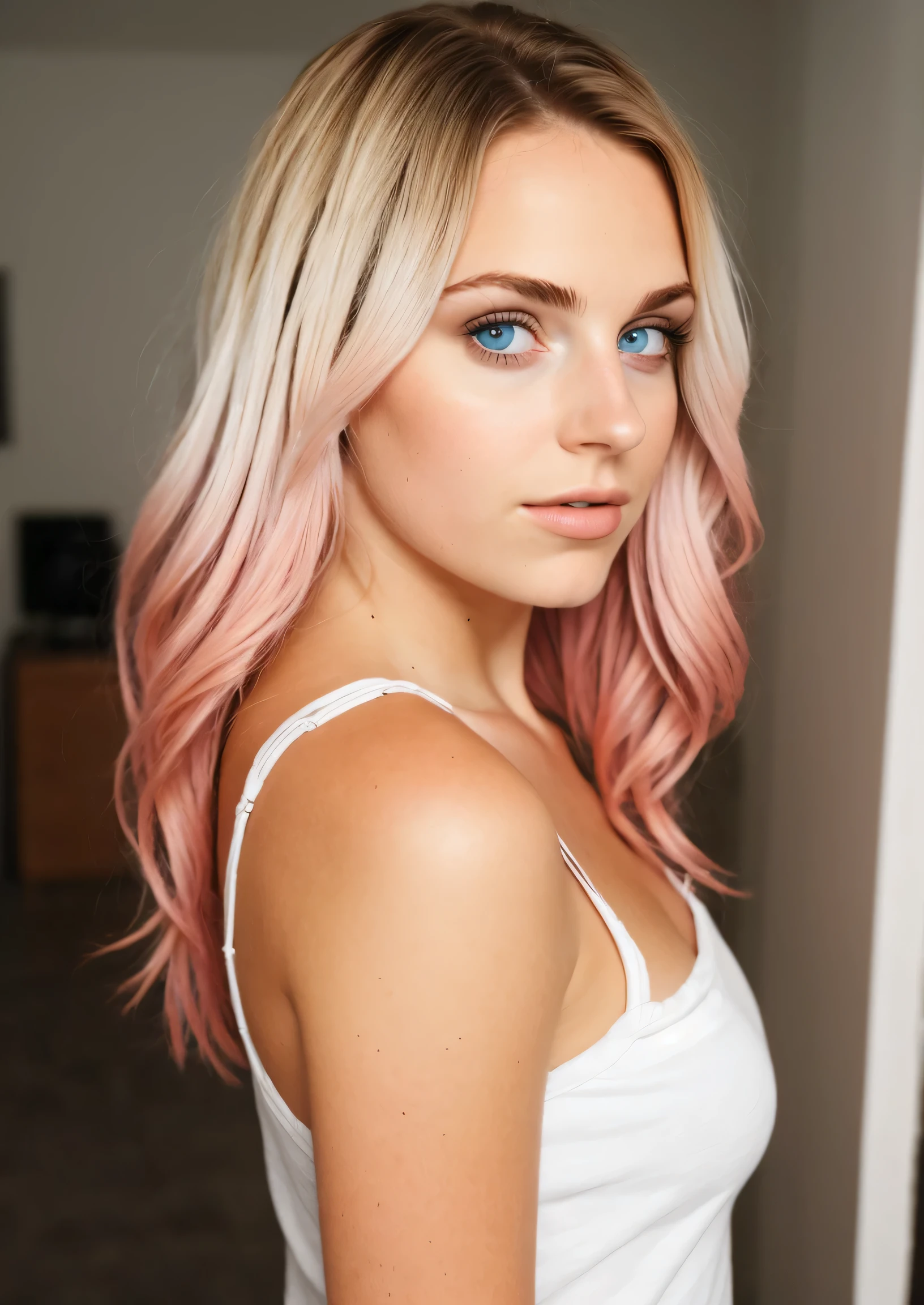 Shot with iPhone camera BREAK Medium shot selfie of a young beautiful woman BREAK (Ombre:1.3) BLONDE PINK BREAK FILM GRAIN, medium quality