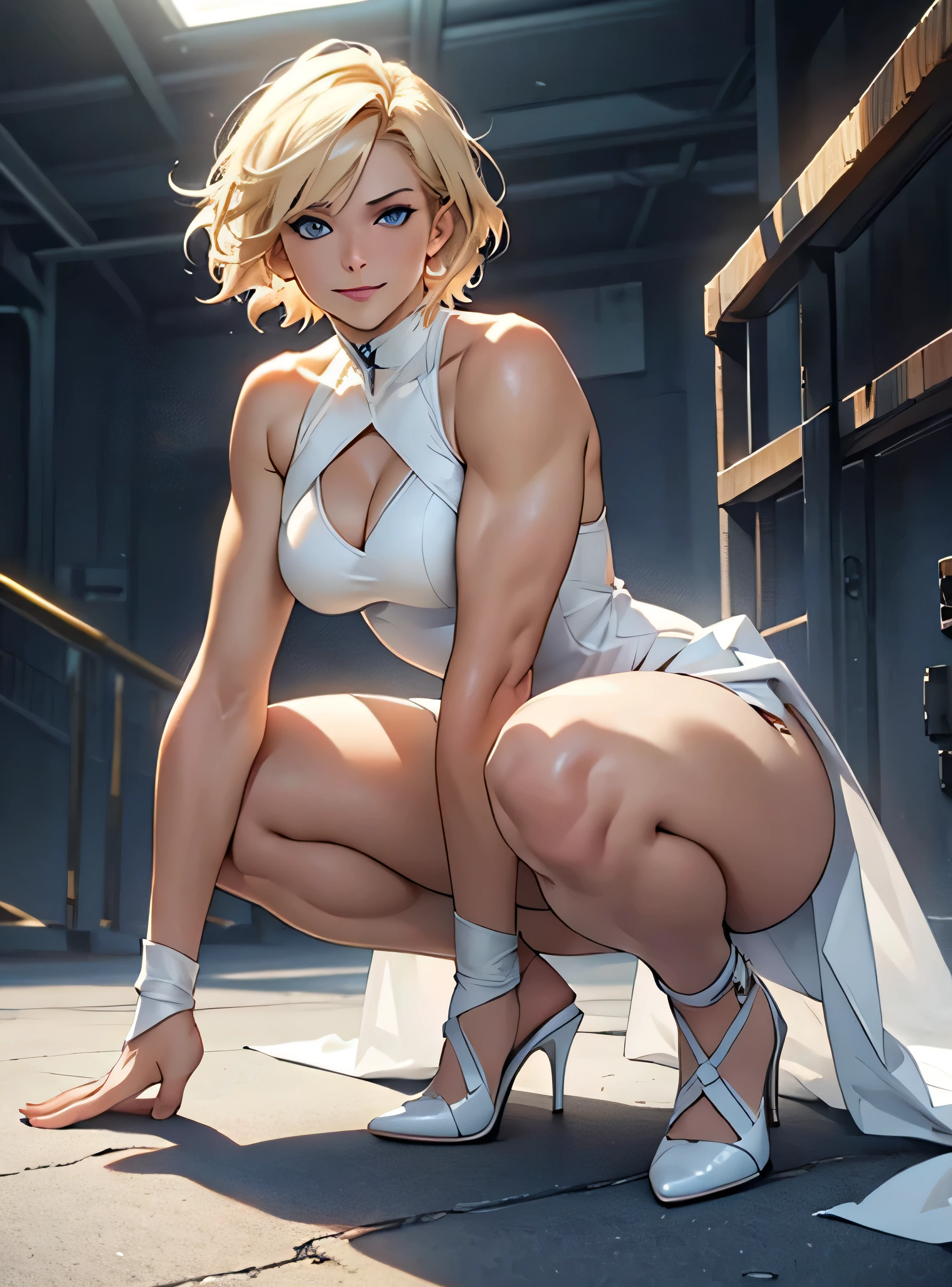 (Masterpiece), Sharp Image, A white woman with blonde hair, short hair, messy hair (best quality), Ultra resolution, professional art, ultra detailed, perfect lighting, athletic body, strong and muscular, small perky breasts, tight dress, white dress, expression seductive, female focus, in fighting position, blue eyes, smiles, white high heels, sexy toned legs