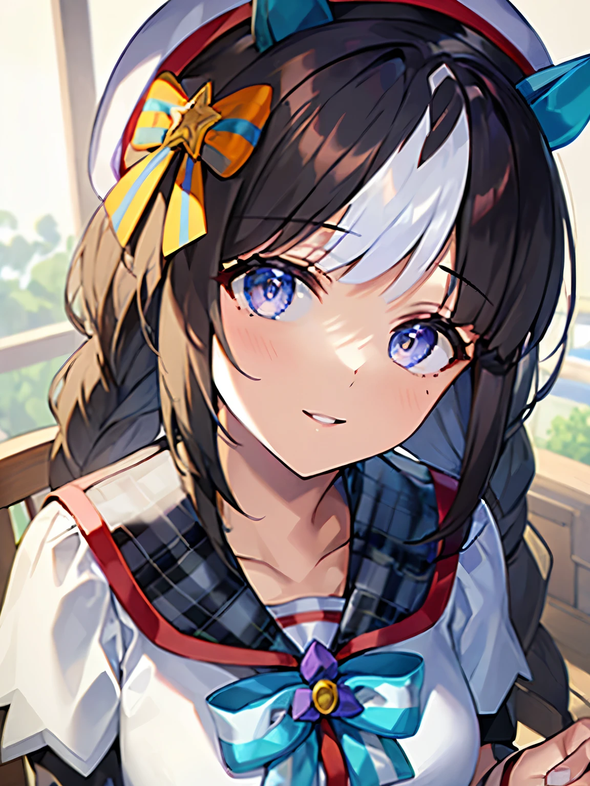 One girl, hair.S.miracle, umamuSume, horSe girl, Blue Hair, Maid, Main apron, Maid headdreSS, Black Hair, Solo, Movie angle, loohairing bachair, loohairing at viewer, We say, cloSe-up, Smile, cloSed mouth, maSterpiece, Very detailed, highreS, beSt quality, abSurdreS