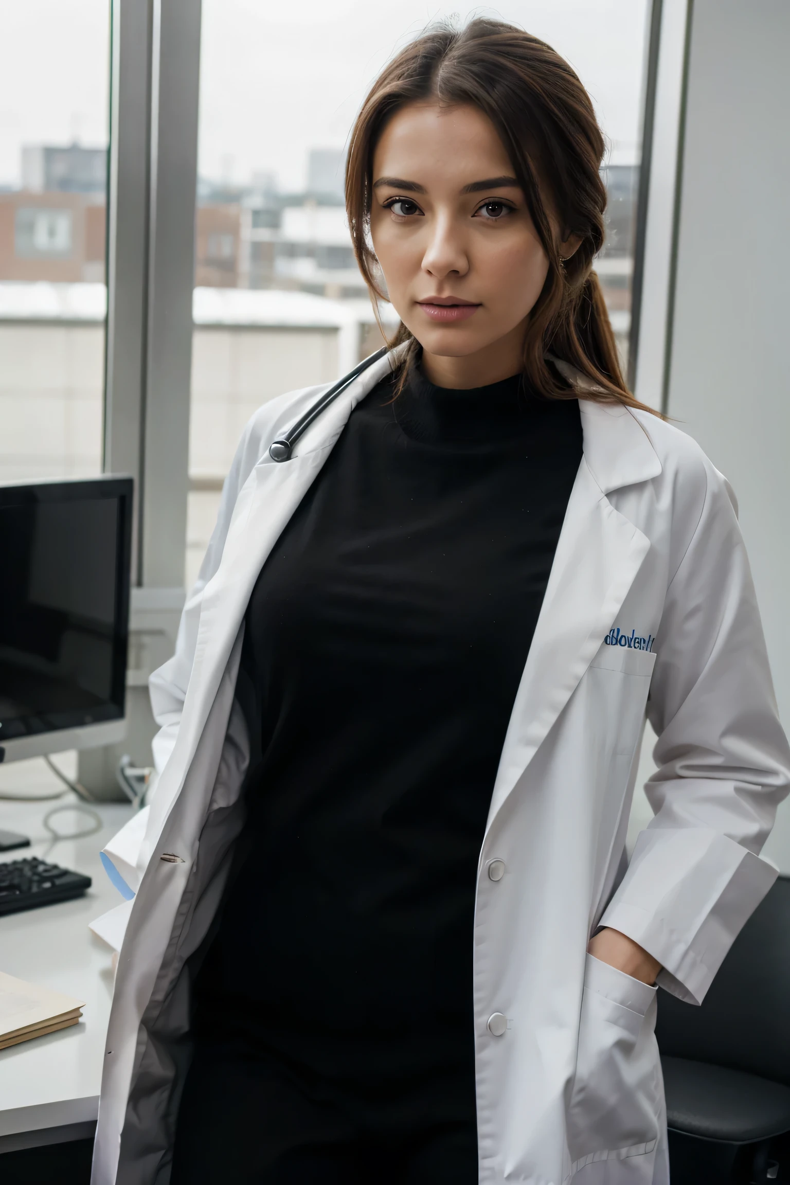 Very high quality, realism, Female doctor, Black medical coat