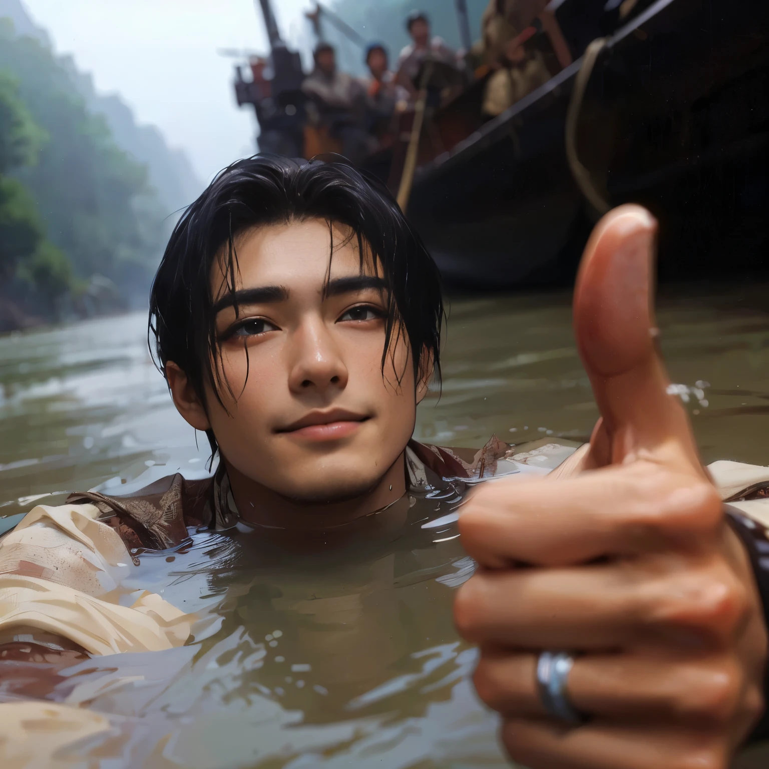 (Best Quality:1.2), (high resolution:1.2), (beautiful face and eye:1.5), (sharpest focus:1.2), (Ultra-realistic Photo:1.2), (Ultra-precise Photo:1.2), (Depth of field:1.2), (8k high resolution:1.2). (perfect anatomy:1.2),
(nice hands:1.5), (perfect hands:1.5), (One drowning Chinese man:1.2), (Very young and beautiful Chinese man:1.0), (Smiling thumbs up in a state of resignation:1.2), (Looking up angle:1.2),
(Chinese warrior in very light clothing, beaten up:1.0), (Majestic Chinese river:1.0), (Cynical smile:1.0), (Giant battleship:1.0), (Mars shining reddish-red in the night sky:1.2),