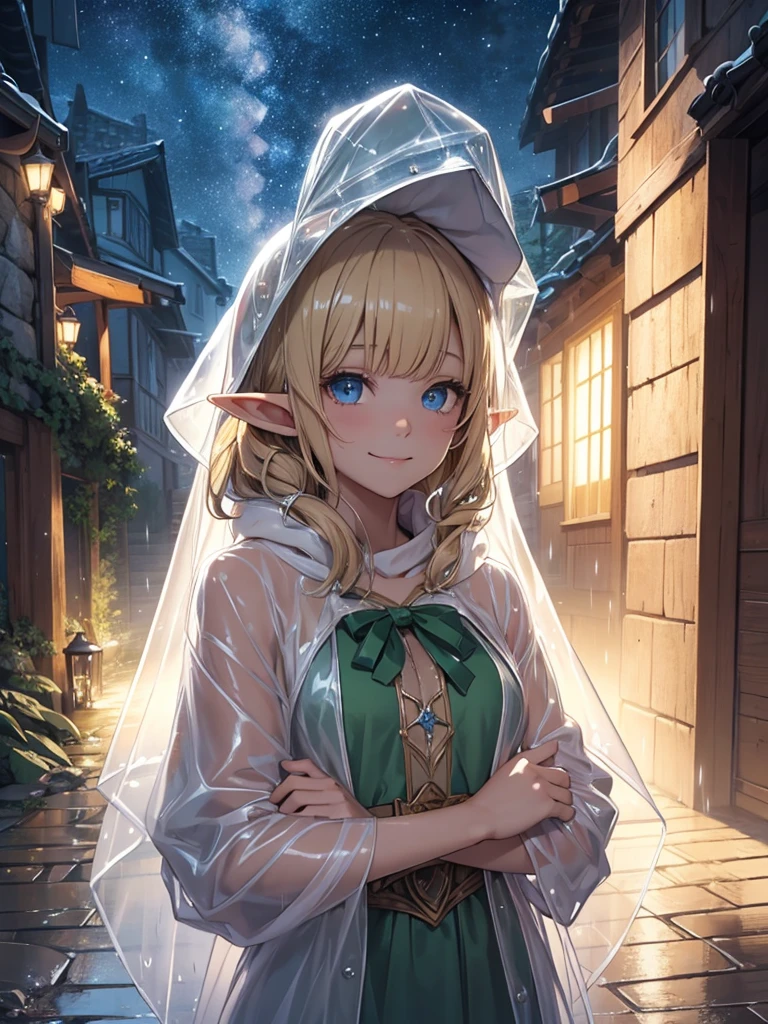 Beautiful Elf See-through raincoat
Raincoat hood Elf Town
Light Blonde smile magic Masterpiece Night Starry Sky Magic , extremely beautiful 10歳 Beautiful Eyeagical gentle lighting rain cowboy shot lots of rain