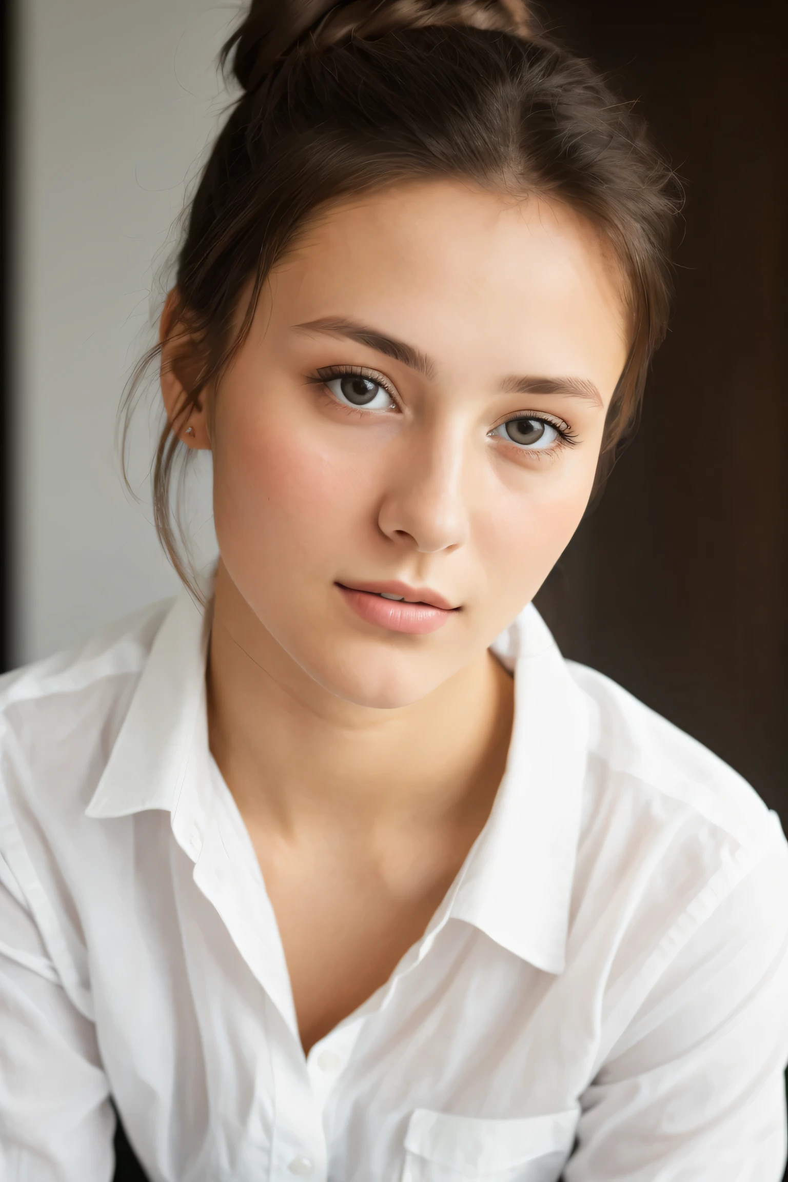 Portraiture, 20 year old brunette german girl, Sexy and attractive expression, Wearing a white shirt, Messy bun, 8k, highest quality, masterpiece, (Looking into the camera:1.3), photograph, (beautiful)
