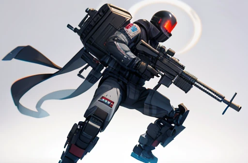 With his own robot and a large caliber bazooka on his back、Equipped with shields on both elbows。He has a submachine gun in each hand.。Equipped with micro missiles at its feet。The robot's head looks like a gym。The color is black。The emblem is an eagle。