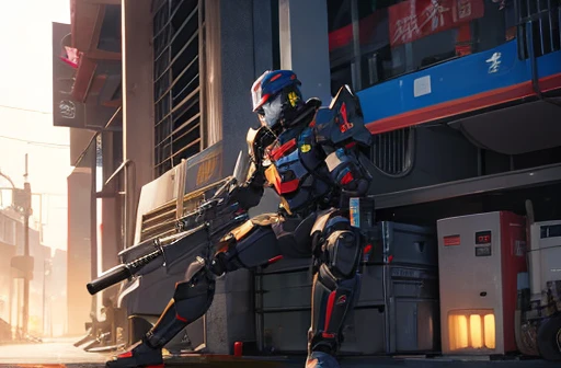 With his own robot and a large caliber bazooka on his back、Equipped with shields on both elbows。He has a submachine gun in each hand.。Equipped with micro missiles at its feet。The robot&#39;s head looks like a gym。The color is black。The emblem is an eagle。