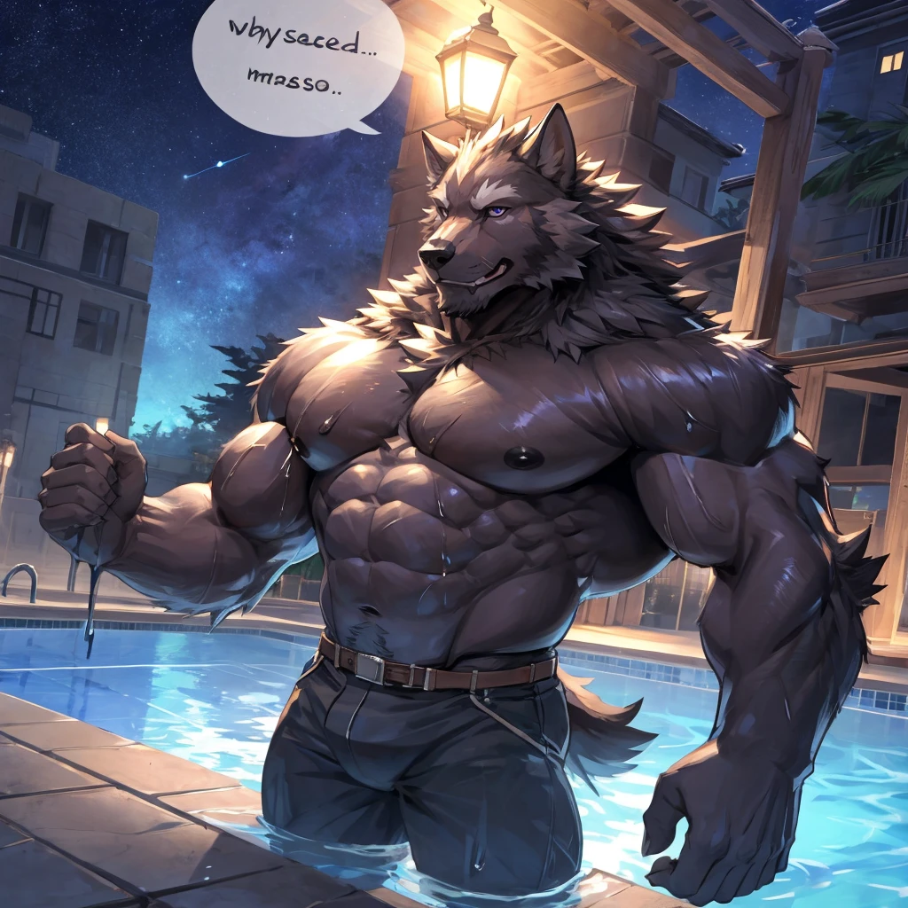 masterpiece,high quality,anime, ultra detailed, camera angle from bottom
, Tearing one&#39;s clothes with one&#39;s hands
, 毛むくじゃらの雄の黒Wolf, Wolf, great physique,Strong arms, manly
, Topless
, ((Excessive sweating))
, Fine grain, (ultra detailed eyes:1.4), purple pupil 
, (speech bubble:1.1)

, Poolside, Night Sky, From null-ghost,Pino Daeni, Streetlight