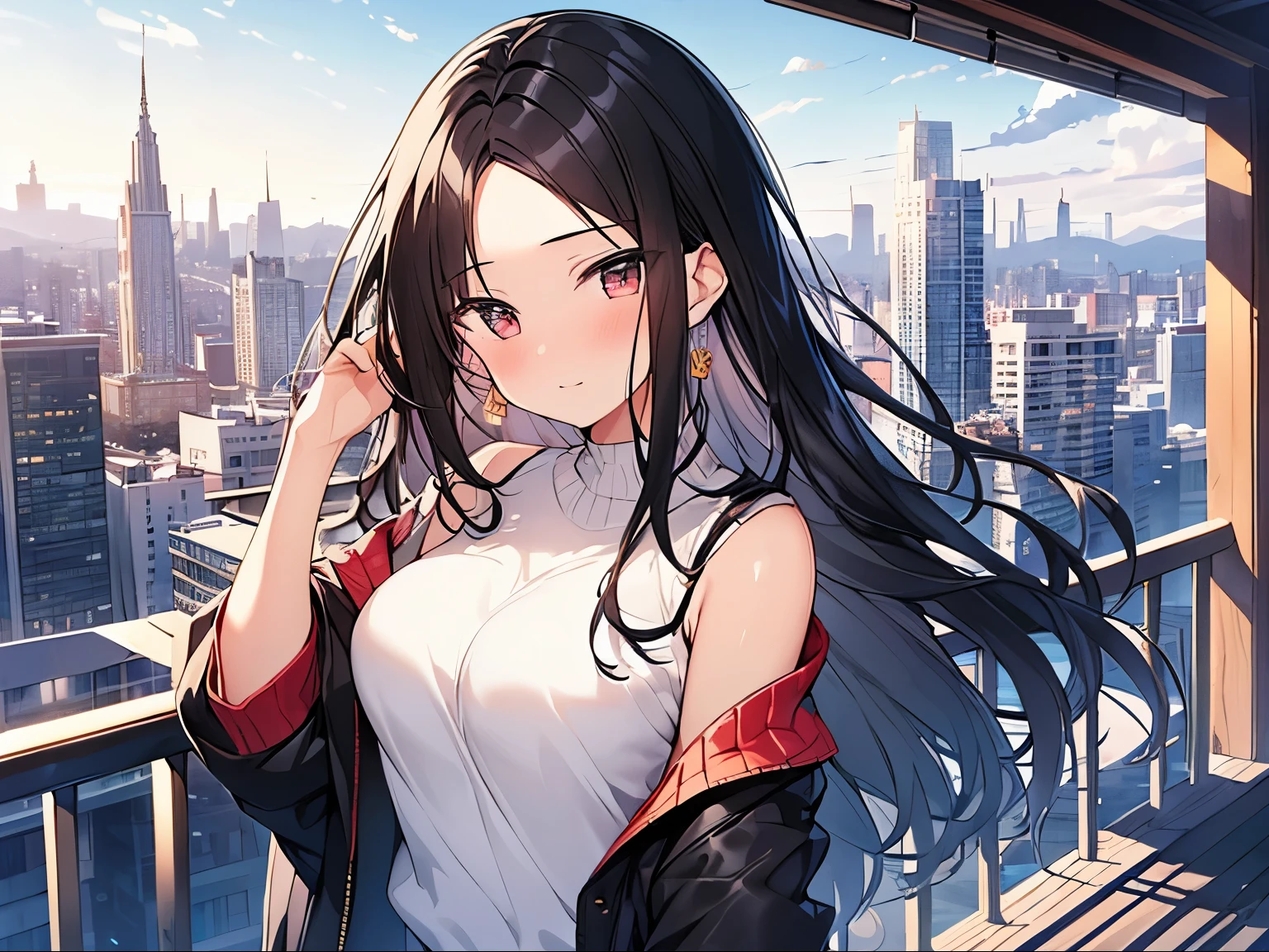 Masterpiece, Top quality, (1 beautiful girl:1.2), Black Hair, forehead, medium hair, straight hair, 16 year old, standard weight, medium breasts, off shoulder sweater, (happy:1.2), blush, beautiful scene of city, blurry background, magnificent panorama view, dynamic pose