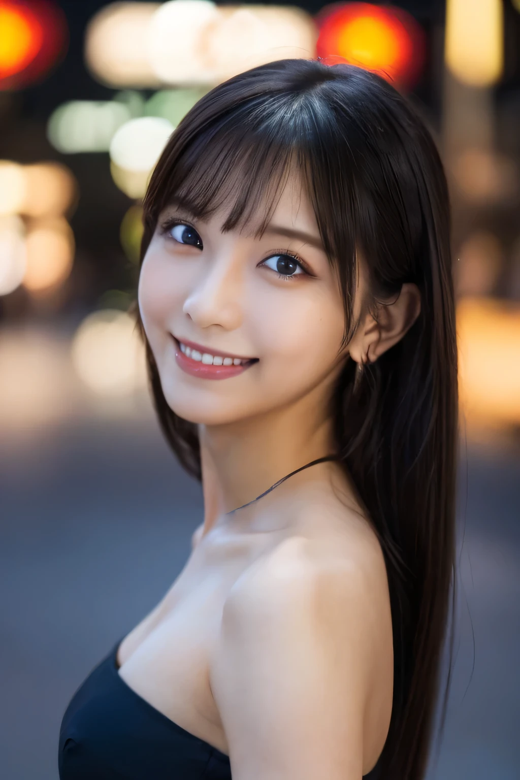 8k, masterpiece, Photo guy, highest quality, Photorealistic, (Close-up shot:1.2), 
Highly detailed CG Unity 8k wallpaper, Depth of written boundary, Cinematic Light, Lens flare, Ray Tracing, 
(Very beautiful face, Nice lips, Beautiful Eyes), Exquisitely detailed face, ((Highly detailed skin)), 
1 Girl, Cute Japanese Girl, Idol, 1 girl, 
(Very lean and muscular body:1.3), ((Look at the viewers)),(Serious smile:1.3), 
(City Night, Black Night, (Neon Signs), (Blurred Background)),(No people in the background:1.3), 
Beautiful earrings, bracelet, Bright Eyes, walk, 
(Pale-skinned), (Big eyes), Look forward, ((Deep red:1.1)), 
(Look at the viewers:1.3), Very slim, Average chest