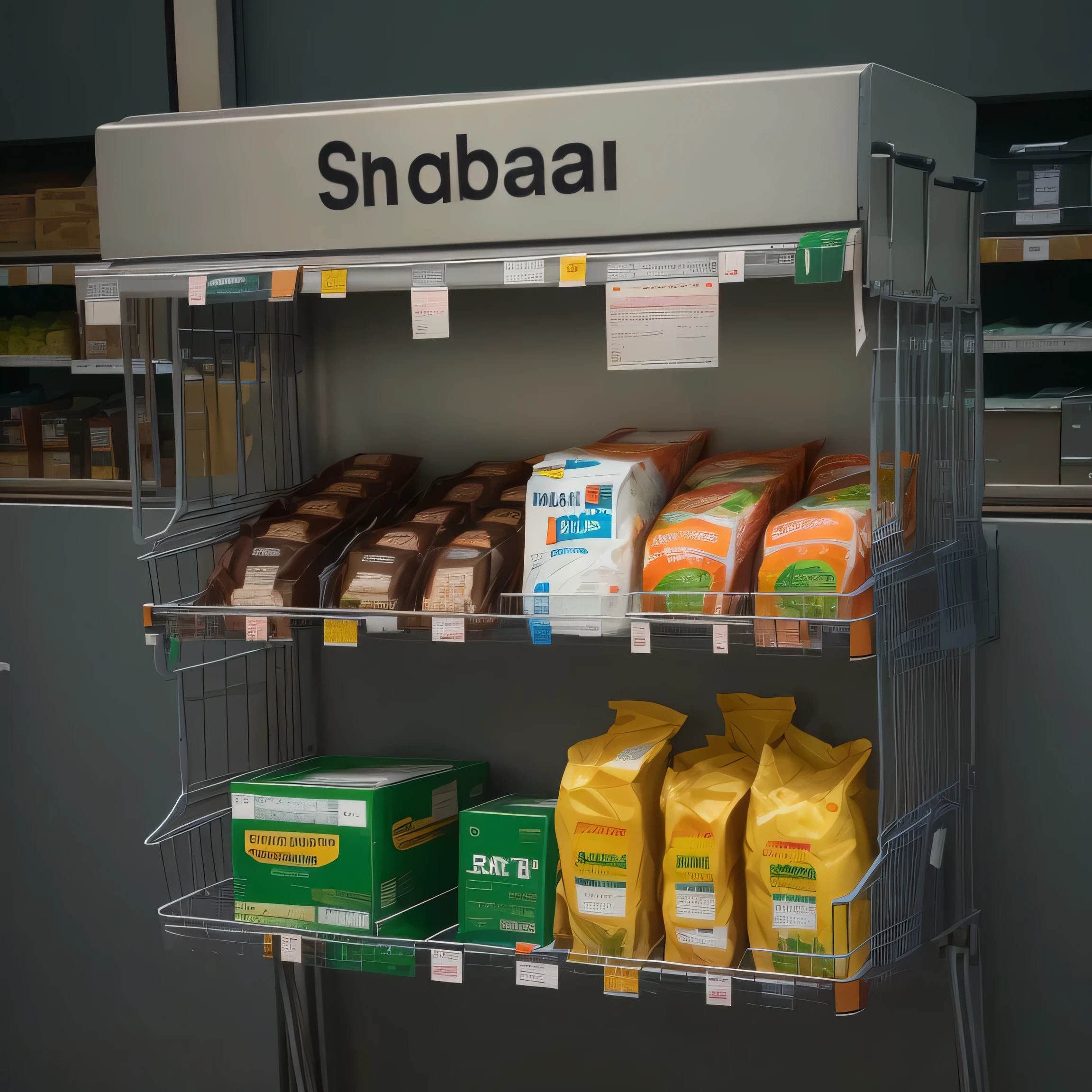 Rack with products and goods in a supermarket