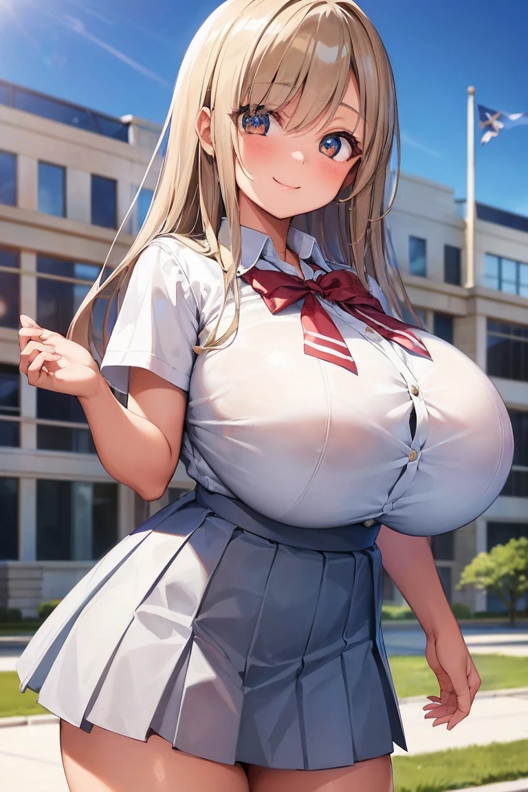 masterpiece, highest quality, one girl, cowboy shot, smile, (beautiful girl, delicate girl:1.3), (:1.3), extremely fine-grained clarity, (symmetrical eyes:1.3), (school building:1.2), (spring school uniform:1.3), (gigantic breasts:1.2), brown eyes, hair over one eye, tanned skin, young girl, (Eye and face details:1.0), (upper teeth, best smile:0.2)