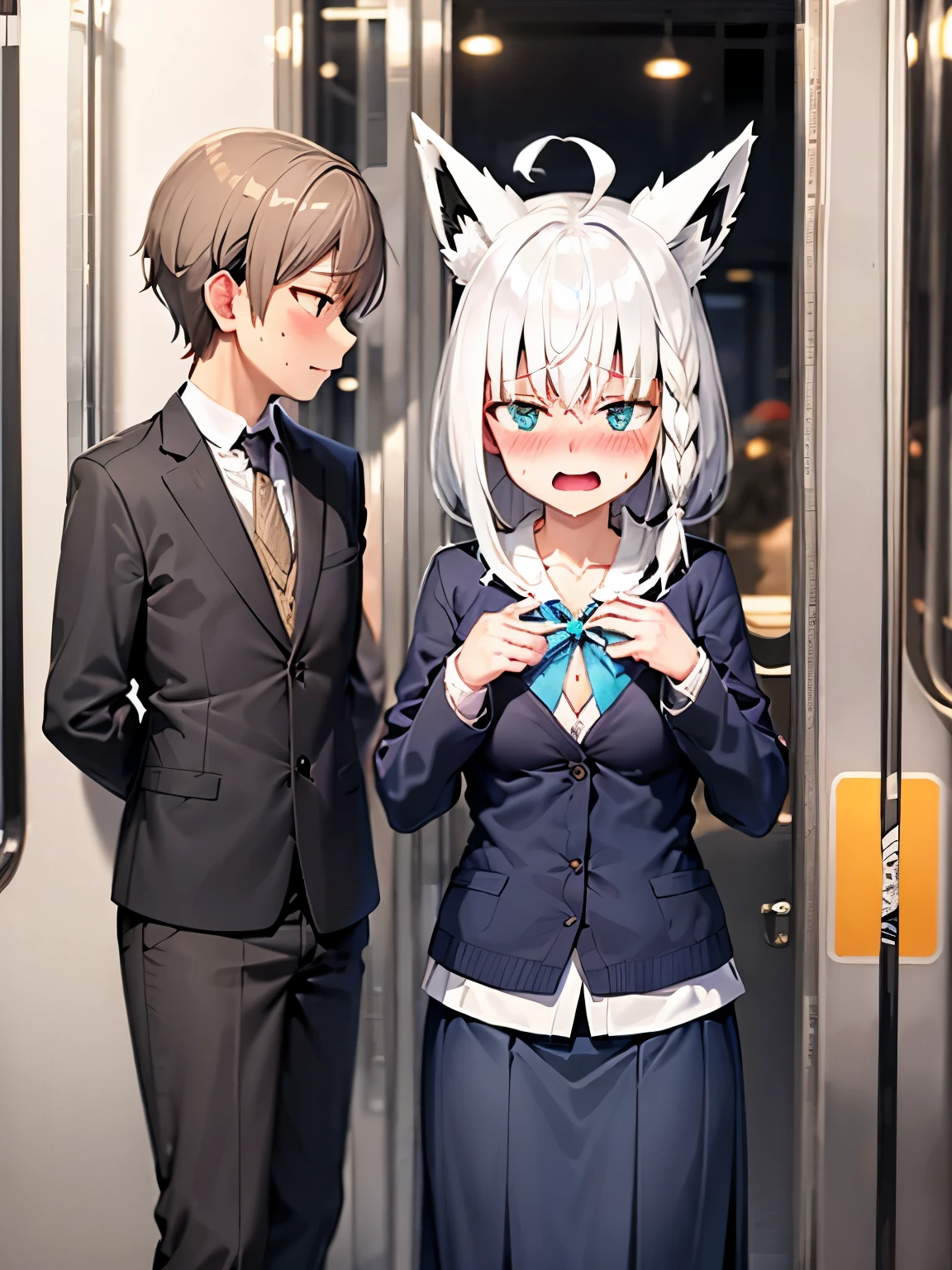 NSFW,Hololive,Shirakami Fubuki,Fox ears,Long ribbon cardigan,Long skirt,(Perfect hands),(Perfect Anatomy),(masterpiece),(highest quality),Embarrassed,blush,train,Being molested
