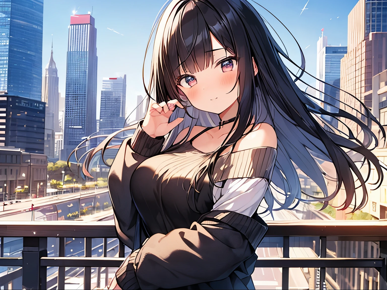 Masterpiece, Top quality, (1 beautiful girl:1.2), Black Hair, forehead, medium hair, straight hair, , standard weight, medium breasts, off shoulder sweater, (happy:1.2), blush, beautiful scene of city, blurry background, magnificent panorama view, dynamic pose