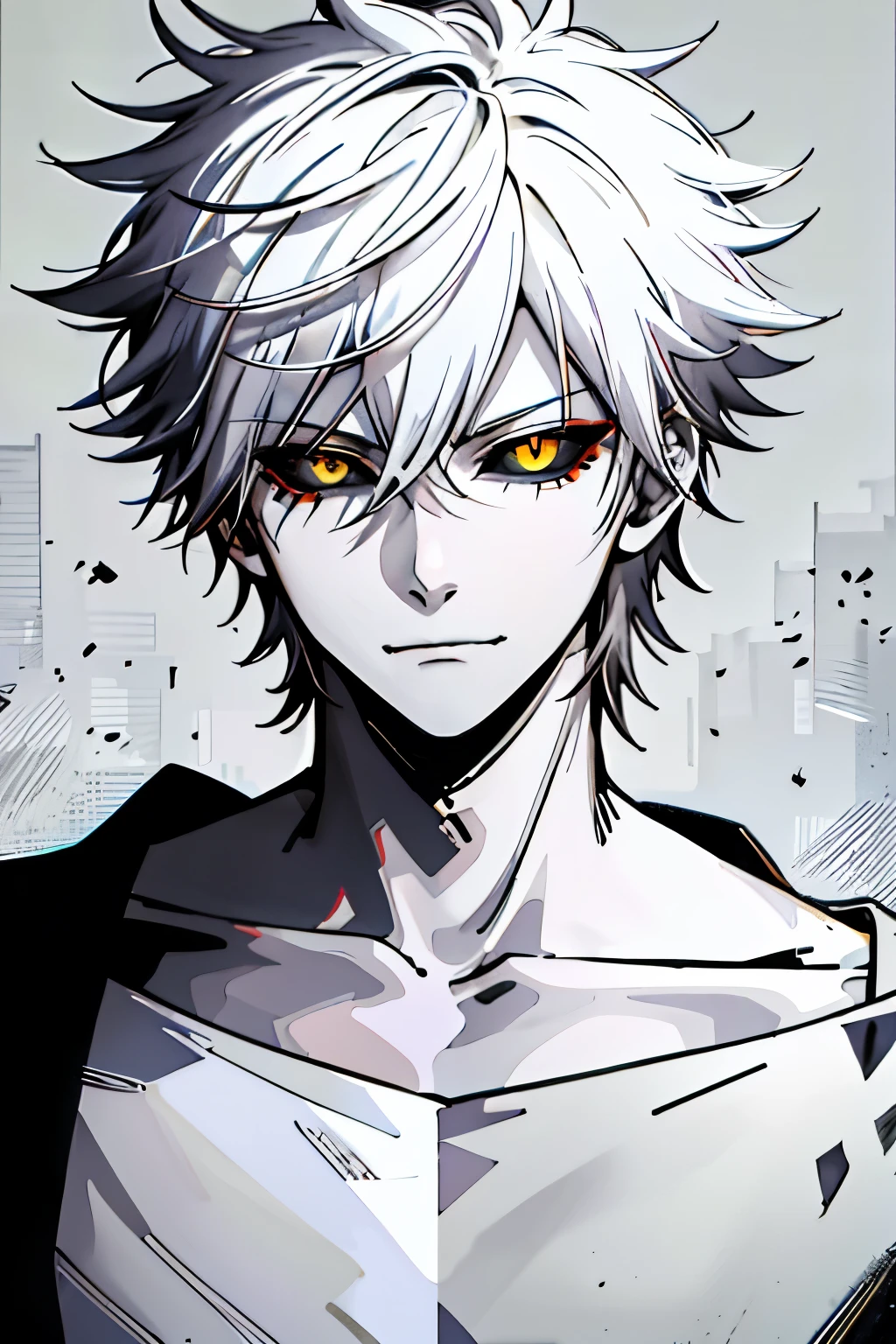 Hyperrealistic 1boy, black sclera, closed mouth, collarbone, colored sclera, grayscale, japanese clothing, looking at the viewer, male focus, monochrome, short hair, smirk, solo, spiked hair, spot color, white hair, upper body, yellow eyes, hyperrealistic, hyperdetailed