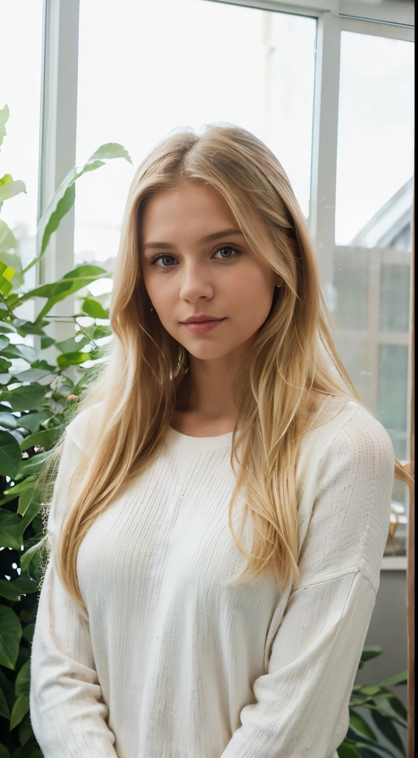 a beautiful woman with long blonde hair, , weiches Licht von der Seite, beautiful blonde girl, Sexy girls, 2 2 Jahre altes weibliches Model, attraktiv, blonde goddess, natural beauty blonde girl, front view white sweater, pose attraktiv, sexy Aussehen, with natural light background, White top, Pose casual, enge Kleidung