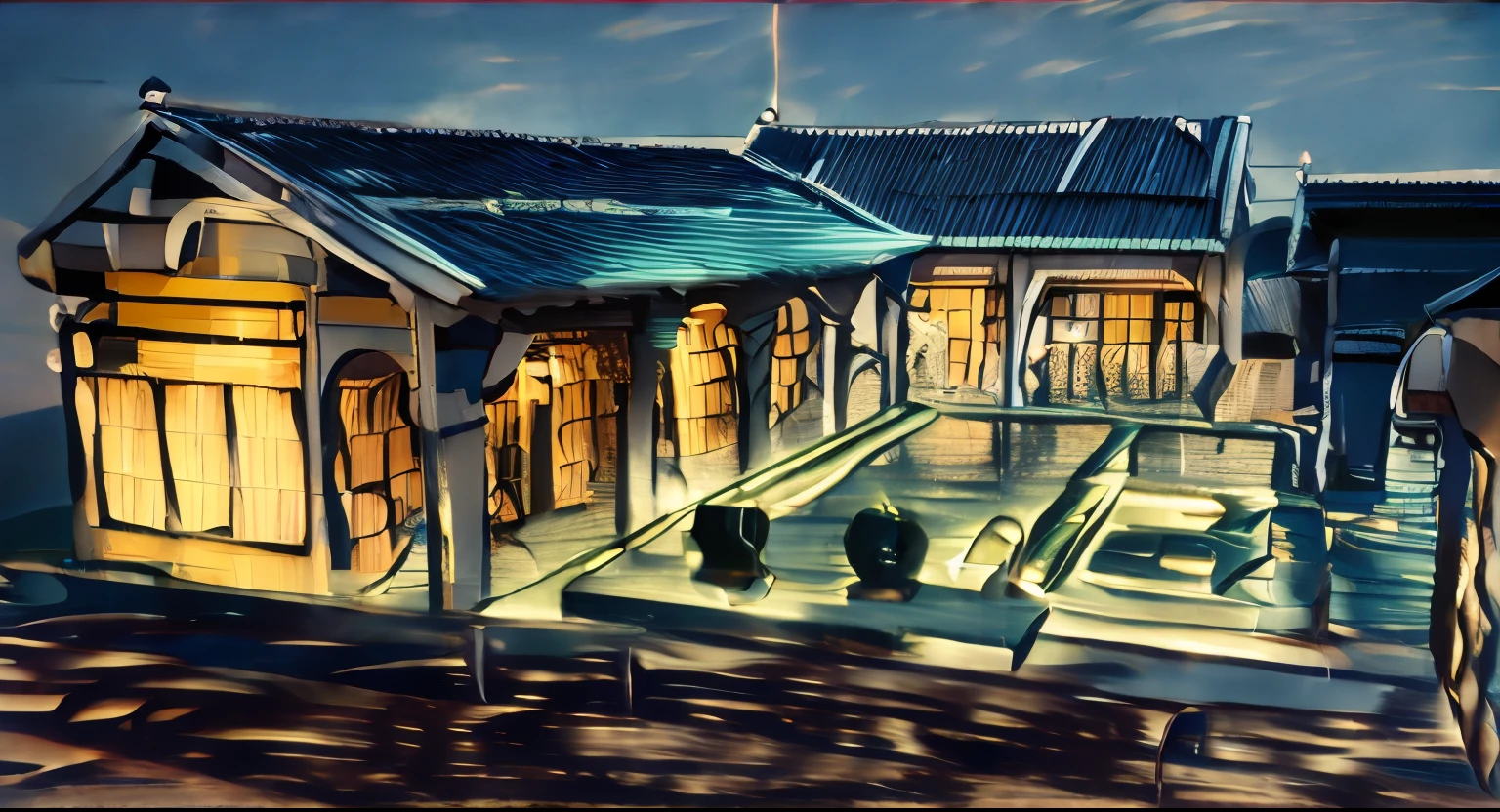 1 Mediterranean style house with yin and yang tile roof:1.1, Many beautiful, romantic red flowers, Townhouse made from white walls, beautiful light, beautiful day, beautiful sunshine, lovely youthful feeling:1.2, It's sunny at 12 noon, the shadows are very beautiful, there is a swimming pool