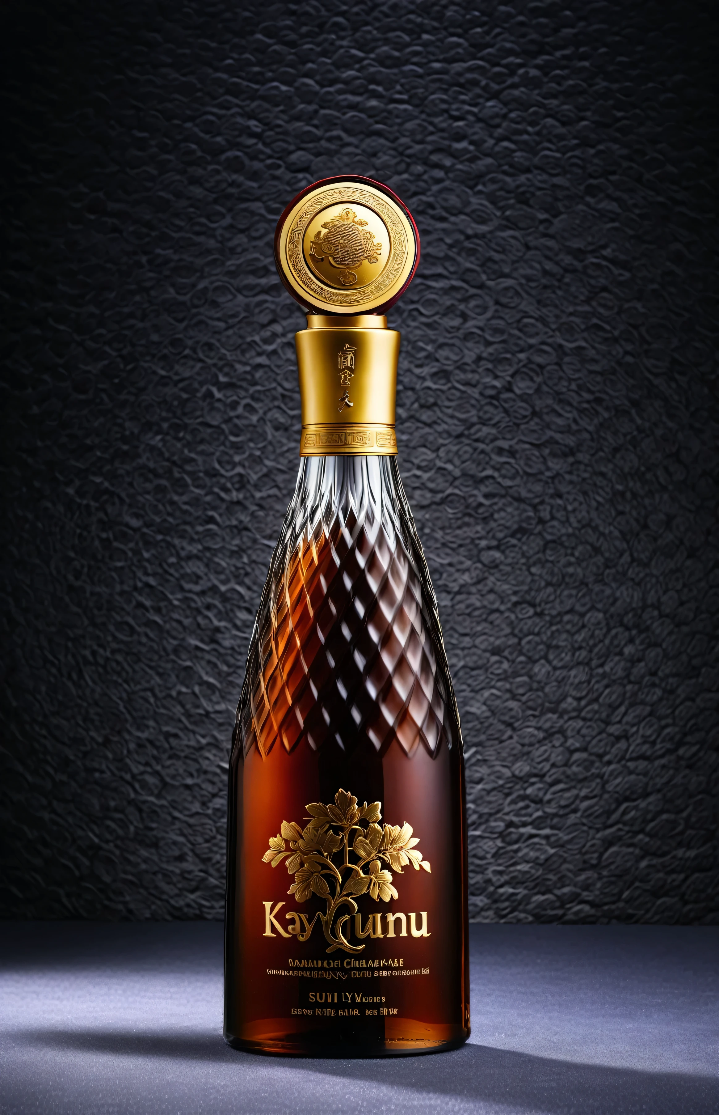 A bottle of brandy with a gold cap lies on the table, The upper part of the bottle has a European-style embossed pattern，Glass Bottle，wine, sha xi, wine bottle, Very exquisite whiskey bottle, Kay, Yuan-You, Pure champagne Damery,  Very detailed product photos, daoshu, Oslais, The award-winning masterpiece, su fu, The award-winning, The award-winning,(There is a floral relief on the upper part of the bottle 1.2)