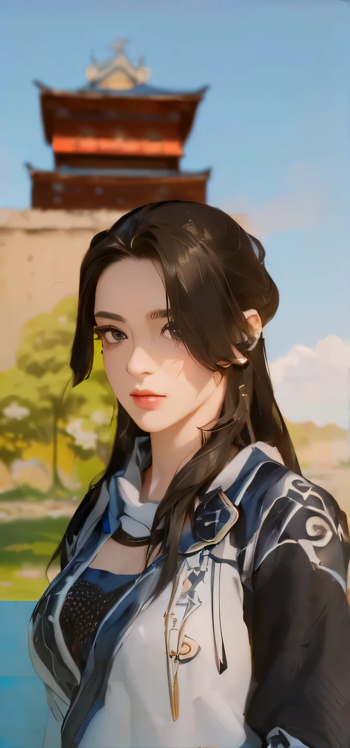 (((8k wallpaper of extremely detailed CG unit:1.2, ​masterpiece, hight resolution:1.2, top-quality:1.2, masutepiece))), ((a very beautiful woman, Hands in pockets:1.8, Grunge Fashion:1.2, Wearing a blouson:1.2, Wearing a long skirt, Wearing shoes)), ((extra detailed face, Highly detailed black eyes, extra detailed body, Top quality real texture skins)), (A dark-haired, length hair, de pele branca, Small:1.2), ((Colorful geometric patterns are painted all over the wall.., Colorful wall)), (high-angle:1.2, Fisheye:1.3), hyper realisitic, digitial painting,