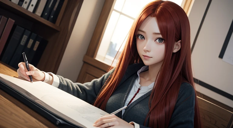 (highest quality: 0.8), (highest quality: 0.8), Perfect anime illustration, very long red hair，， Calm plain clothes、Ultra detailed ultra detailed face、Bright Eyeilky Way、Incredible 4k full HD、Concentrating on studying at a desk