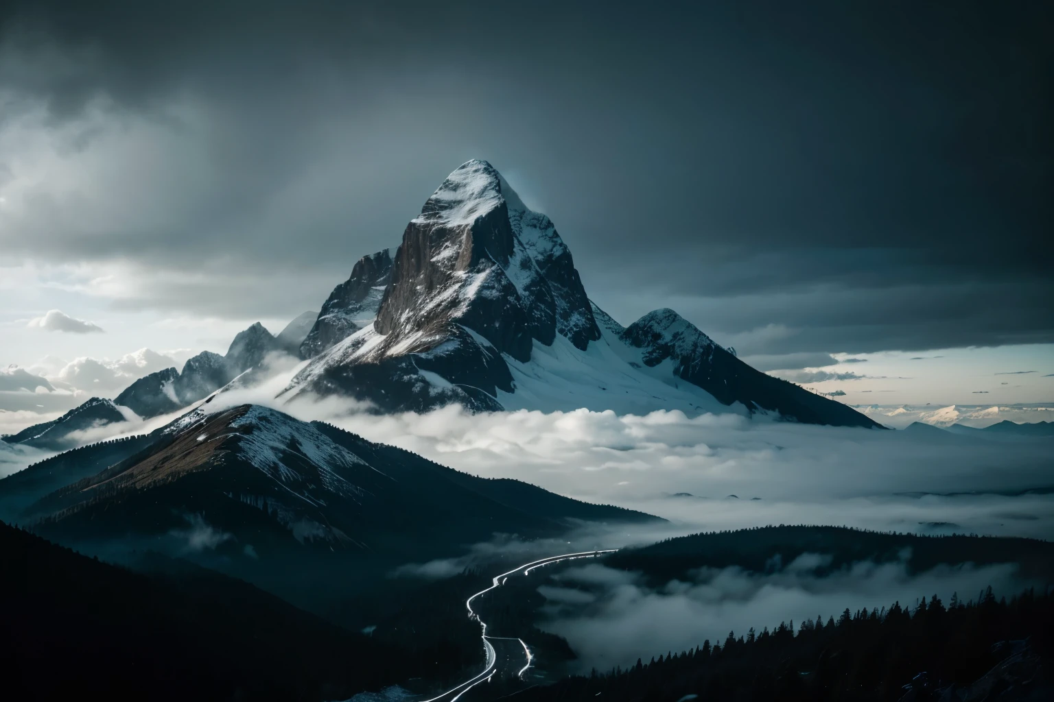 Large mountain, ground view, far view, night time, mountain fogus, big planet on sky, no one, ,view is spectacular，Gray, black and white and blue tones, minimalist style.，The sky is foggy.，nightmare vision， Dark fantasy storyline，Perfect and wonderful composition，8k resolution，details，rain path，moisture，Water stains，Take a very wide angle photo.，Jack Guzman&#39;s environmental art photography，realistically，movie elements，Volumetric illumination，brightness, Detailed, dramatic sky, Multi-colored clouds floating.，true to life, clear public space, flawless perfection, SLR digital camera, 16k, 1024, 2048, 4096, Detailed, sharp, best quality, มีHigh quality, nonsense，Driverless background，which has many details、Shadows with details，Trends on artstation、complicated、high details、Dramaidjourney art（Volumetric illumination：1.2）shot in hdr。（Distant view，super deep view，ultra wide angle，Microfocal length lens：1.2）（realistically：1.4）Masterpiece、High quality、Beautiful photography、world class illumination.,full colour+mood and tone, IMAX cameras., national geographic, photography,Lord of the Rings style, Polaroid, high-detail realistic 8k full HD.