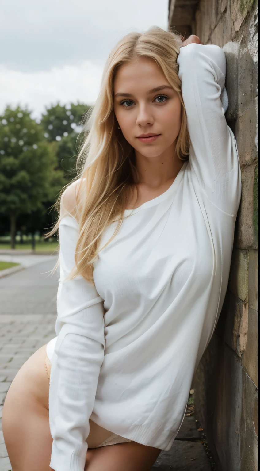 a beautiful woman with long blonde hair, , weiches Licht von der Seite, beautiful blonde girl, Sexy girls, 2 2 Jahre altes weibliches Model, attraktiv, blonde goddess, natural beauty blonde girl, front view white sweater, pose attraktiv, sexy Aussehen, with natural light background, White top, Pose casual, enge Kleidung