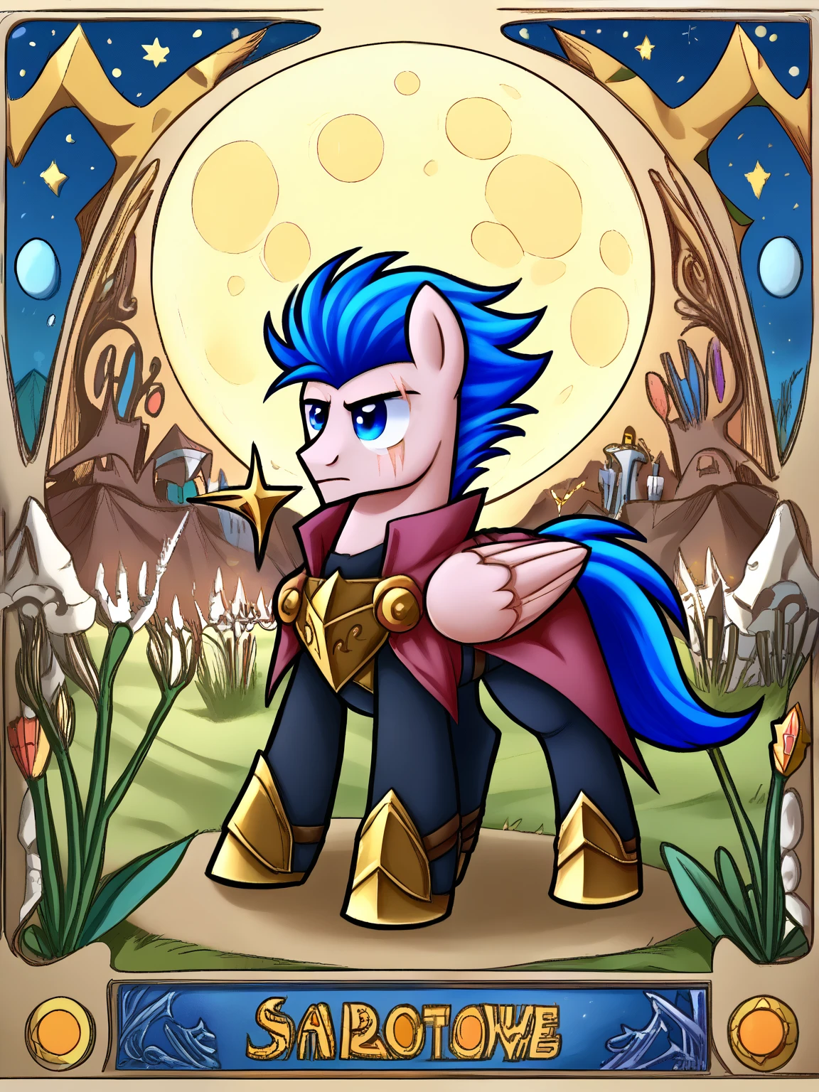 My little pony,old pegasus in scars and armor, male,Bow and arrows, wand, moon, green and blue mane, Pink coat color, Moderate blue eyes,  Mark of distinction = pink musical notе n in middle,dark fantasy aesthetics, one full length