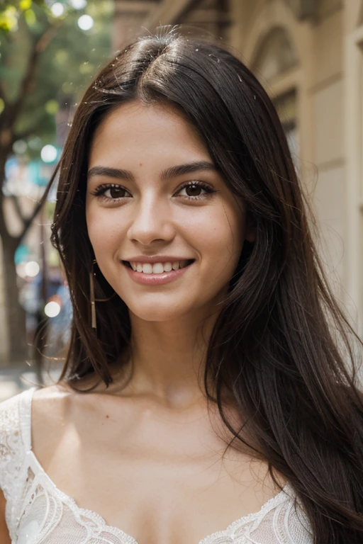 joven, pelo largo negro, delgada, ojos negros, piel blanca, sonrisa, Buenos Aires by day, realista